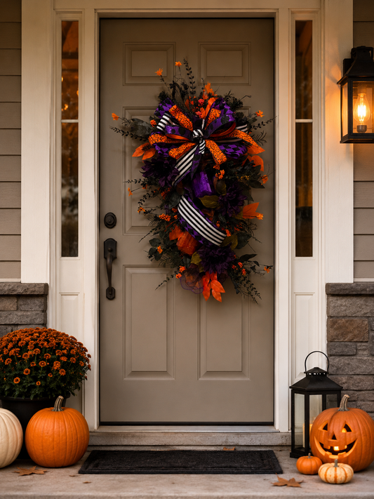 Midnight Masquerade Bloom | Elegant Halloween Door Swag with Purple Florals & Black Orange Ribbon