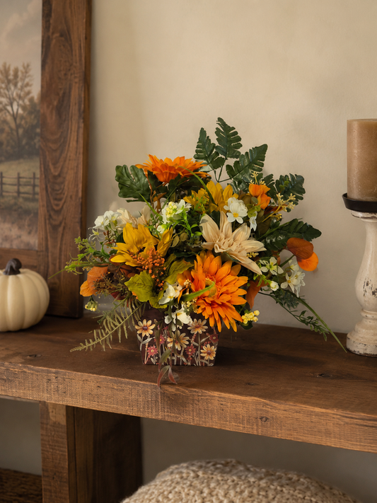 Golden Harvest Garden | Fall Floral Centerpiece with Sunflowers & Autumn Greenery