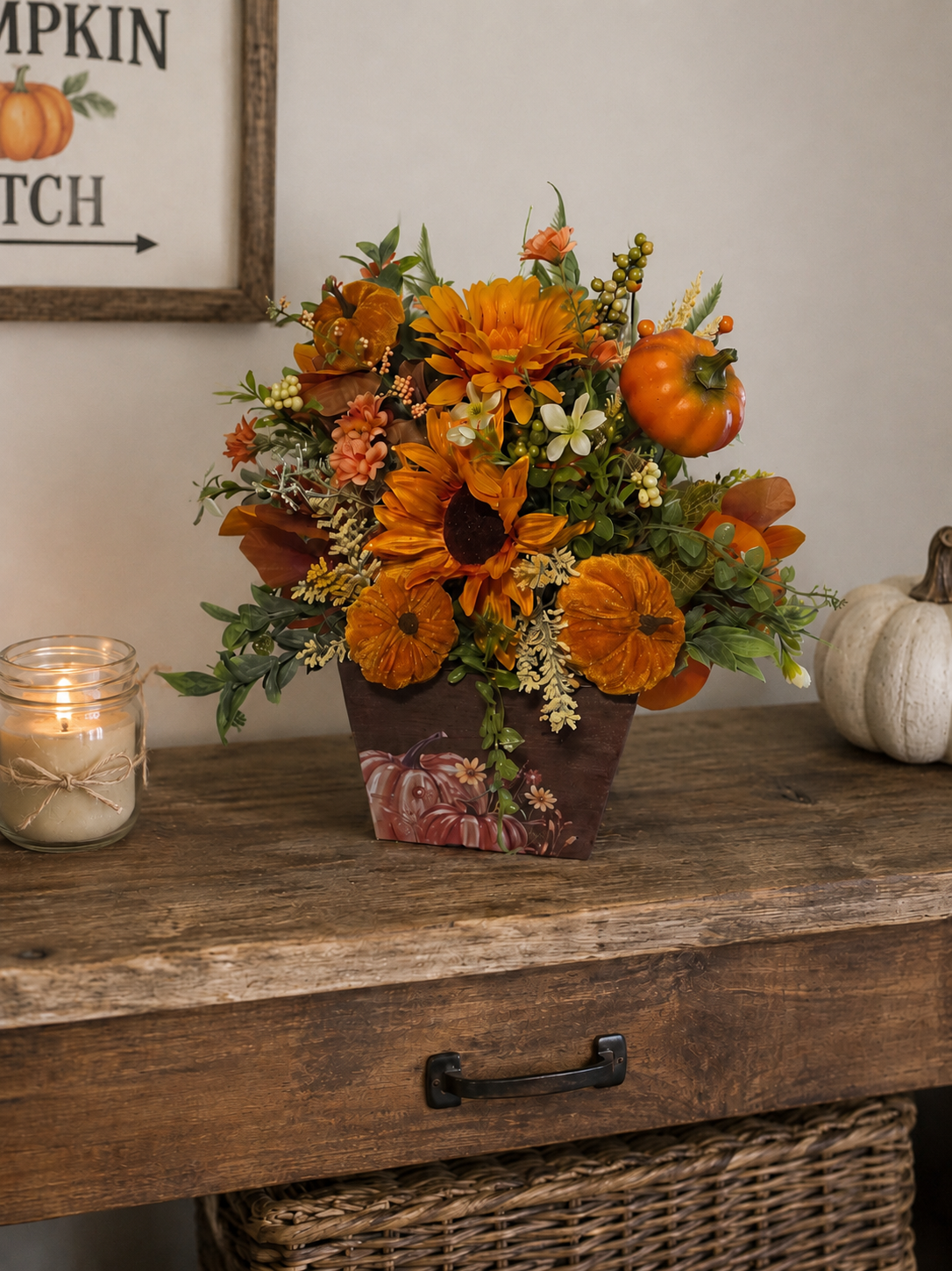 Golden Gourd Glow | Fall Pumpkin Centerpiece with Sunflowers & Autumn Florals