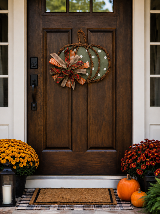 Sage Pumpkin Patch | Green Pumpkin Door Hanger with Bow for Fall Porch Decor