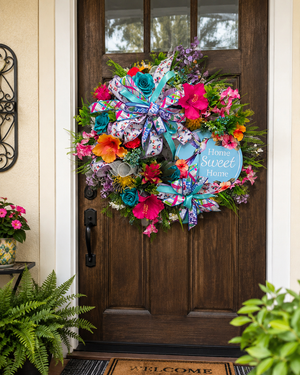 Handmade seasonal wreath and swag decor with colorful florals and whimsical front door style