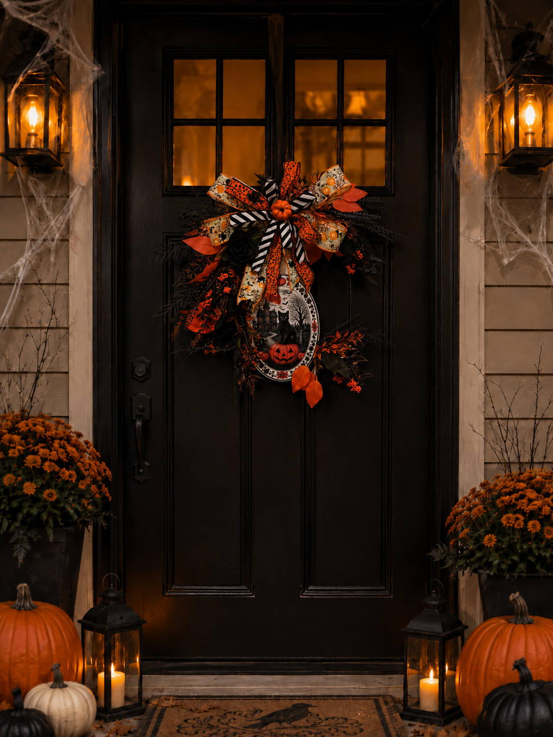 Decorative Halloween wreath on a black door with pumpkins and lanterns.