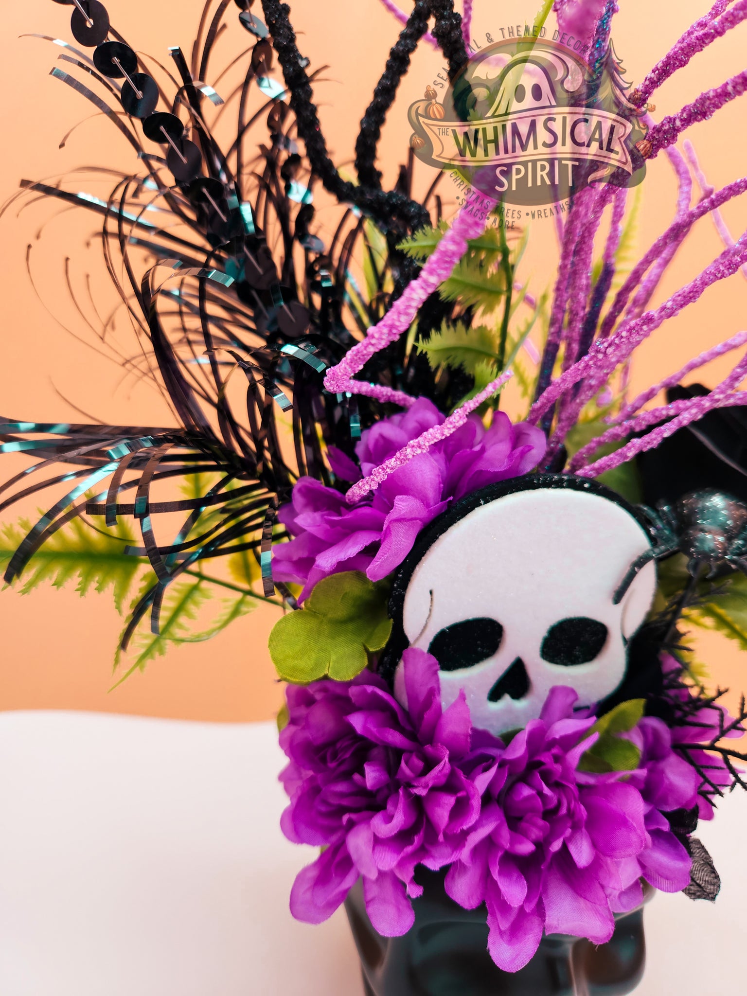 Deathly Blooms - Halloween Skull Tabletop Centerpiece The Whimsical Spirit
