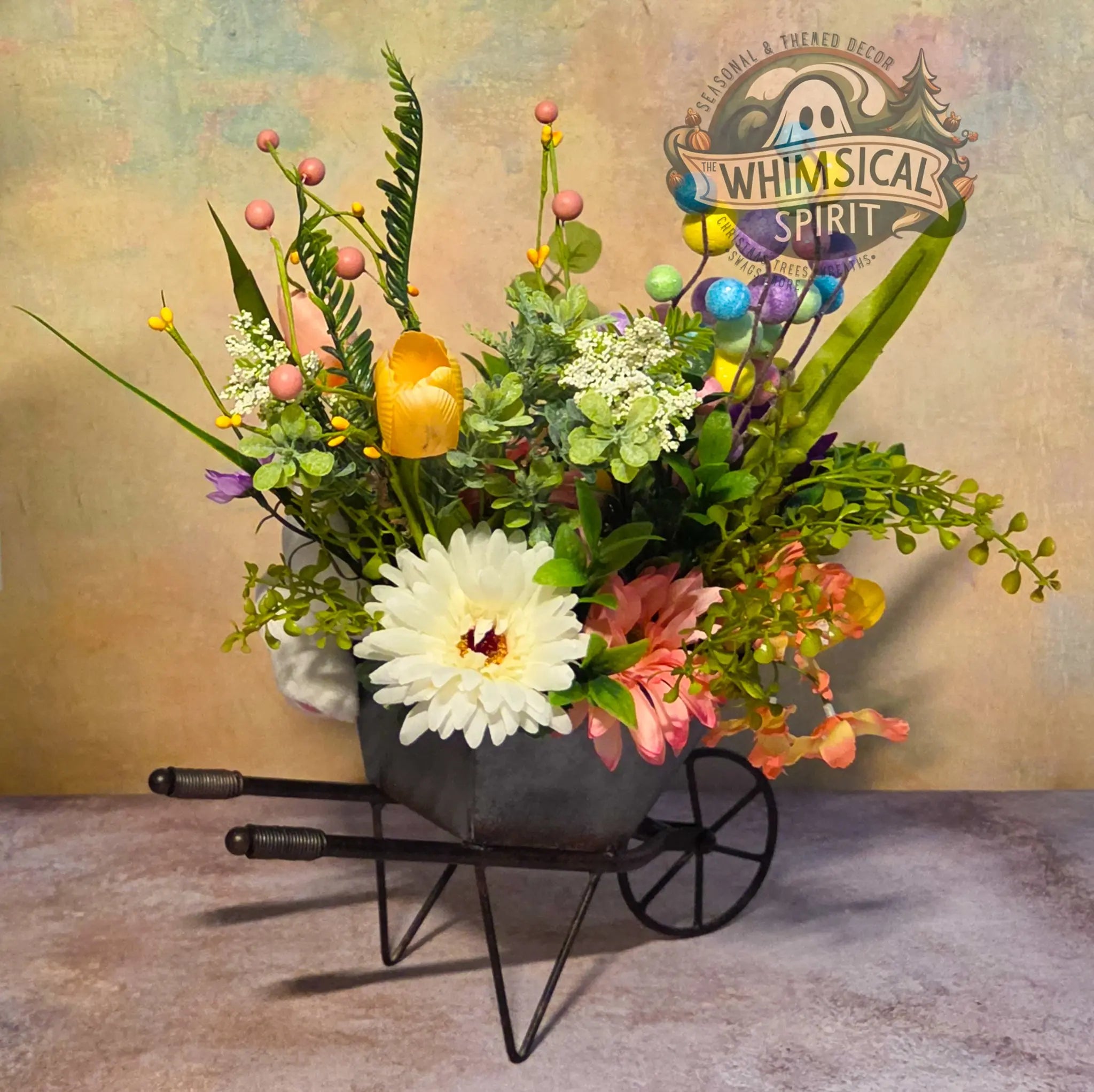 Easter Meadow Wheelbarrow - Easter Springtime Tabletop Centerpiece The Whimsical Spirit