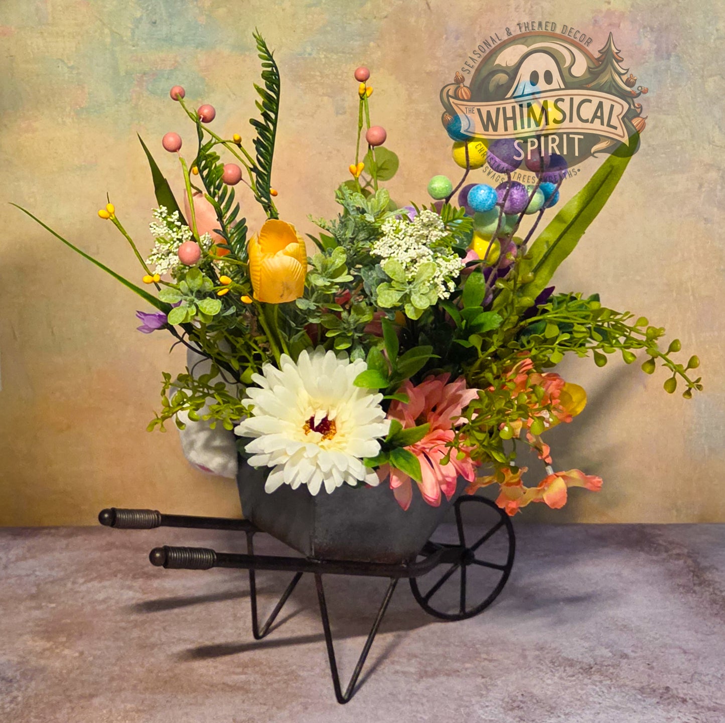 Easter Meadow Wheelbarrow - Easter Springtime Tabletop Centerpiece
