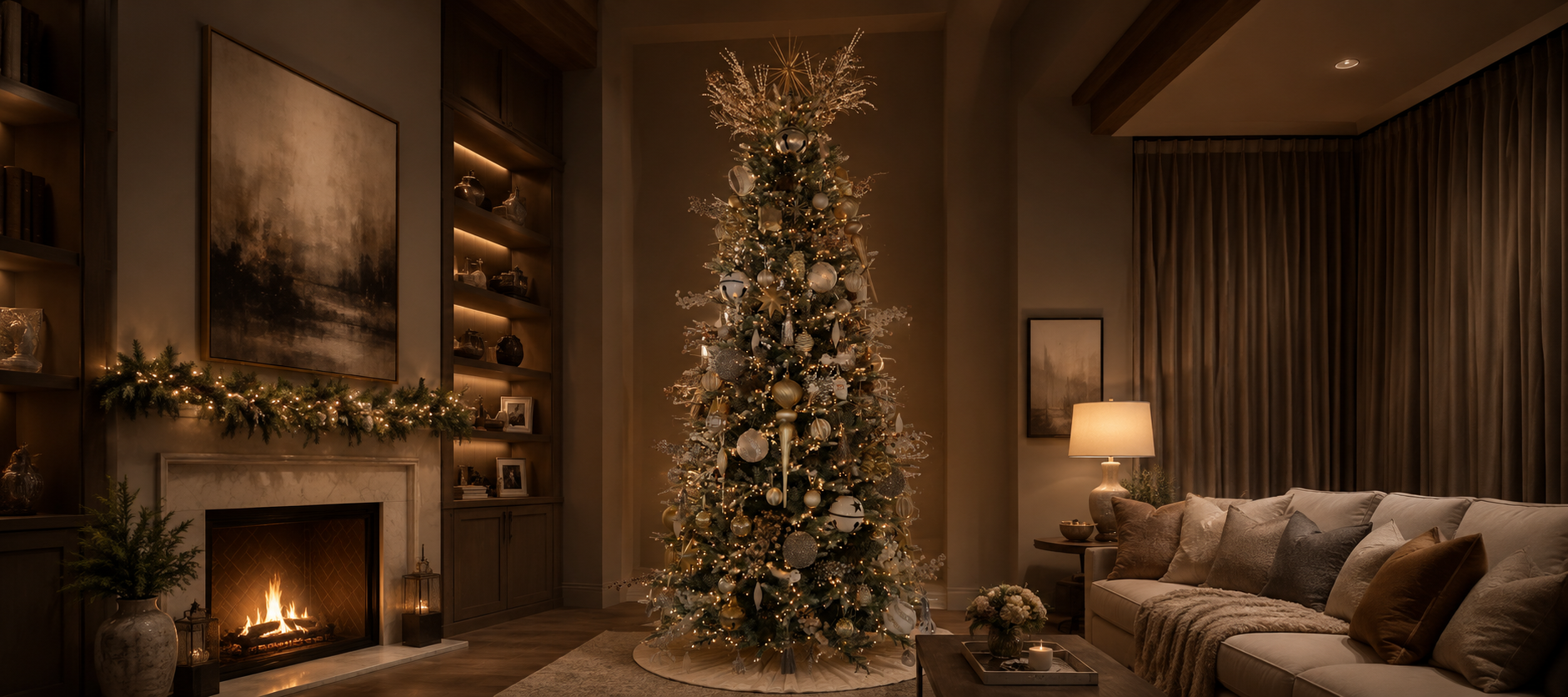 Custom decorated Christmas tree with warm lights, gold and neutral ornaments, ribbon accents, and elegant holiday styling in a cozy living room setting.