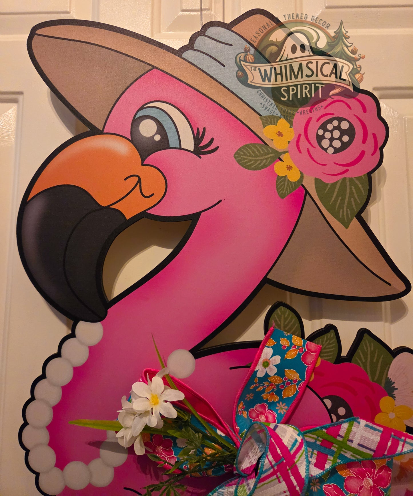 Flamingo Garden Stroll - Tropical Summer Flamingo Doorhanger with Bow