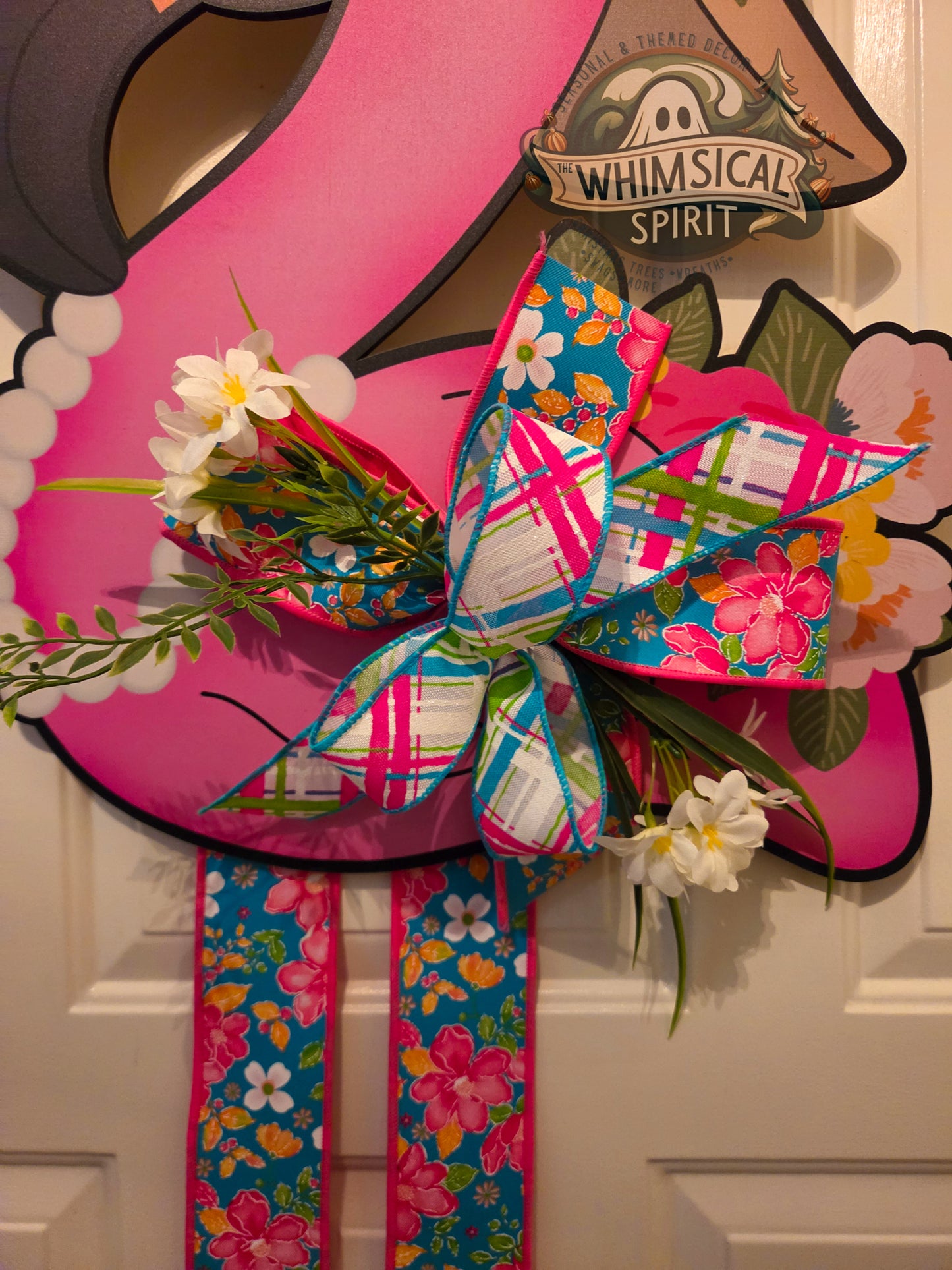 Flamingo Garden Stroll - Tropical Summer Flamingo Doorhanger with Bow