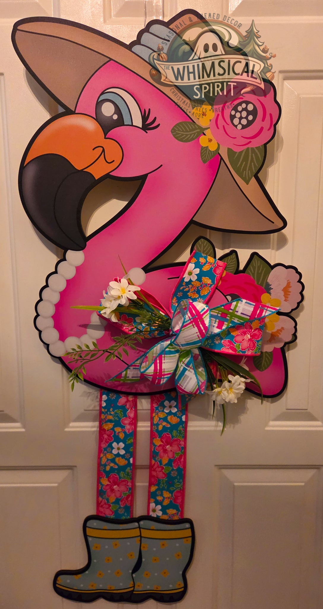 Flamingo Garden Stroll - Tropical Summer Flamingo Doorhanger with Bow
