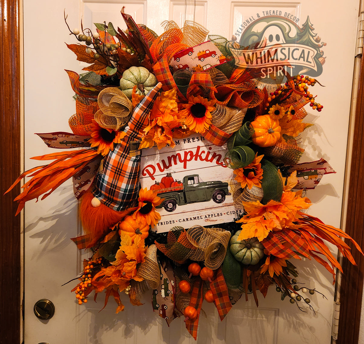 Gnome’s Harvest - Fall Harvest Pumpkin Evergreen Wreath The Whimsical Spirit