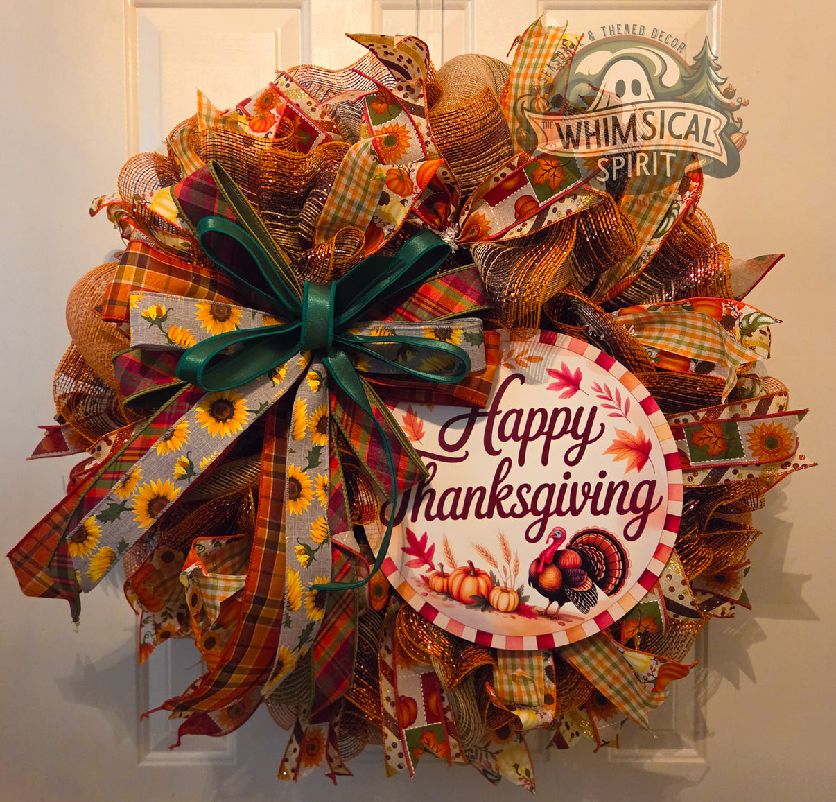 Gobble & Gratitude Thanksgiving mesh wreath with a turkey sign, copper mesh, sunflower ribbons, and an oversized bow.