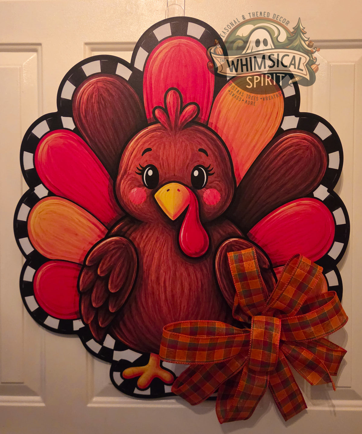 Gobble in Plaid Thanksgiving turkey birch wood door hanger with colorful feathers, checked accents, and a large fall plaid bow