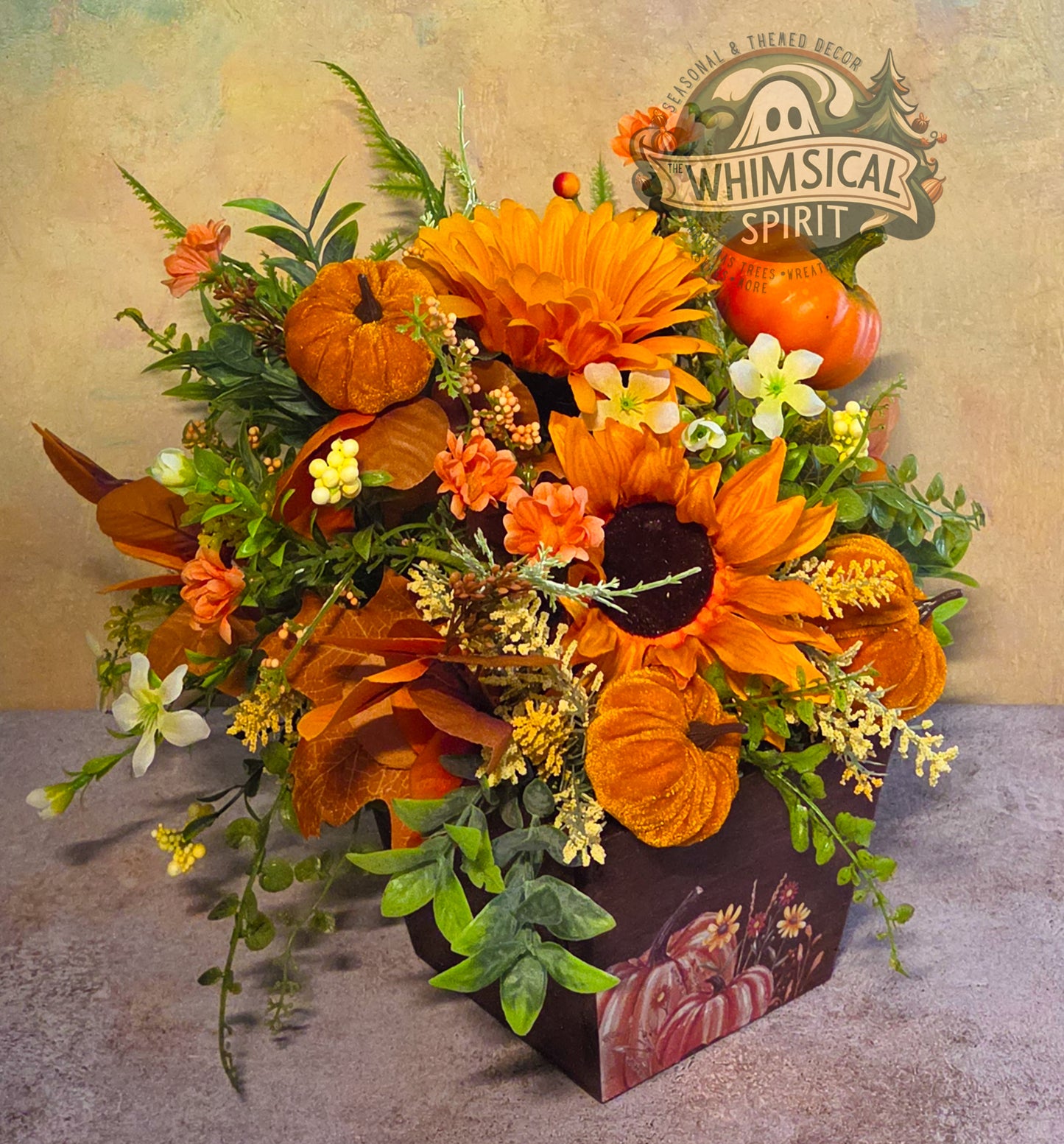 Golden Gourd Glow | Fall Pumpkin Centerpiece with Sunflowers & Autumn Florals