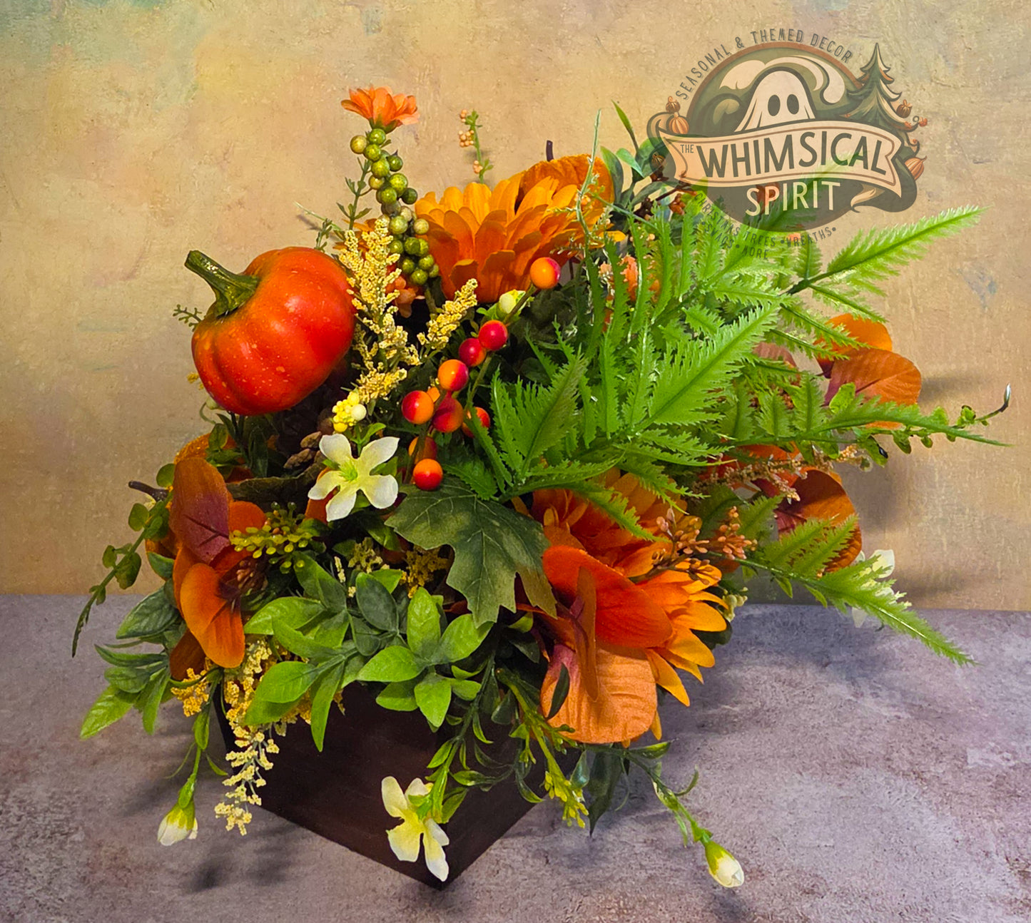 Golden Gourd Glow | Fall Pumpkin Centerpiece with Sunflowers & Autumn Florals