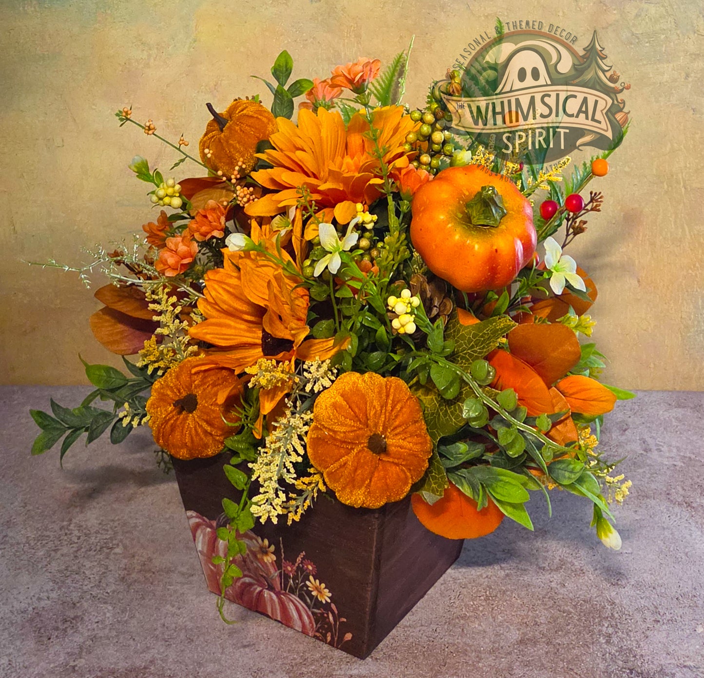 Golden Gourd Glow | Fall Pumpkin Centerpiece with Sunflowers & Autumn Florals