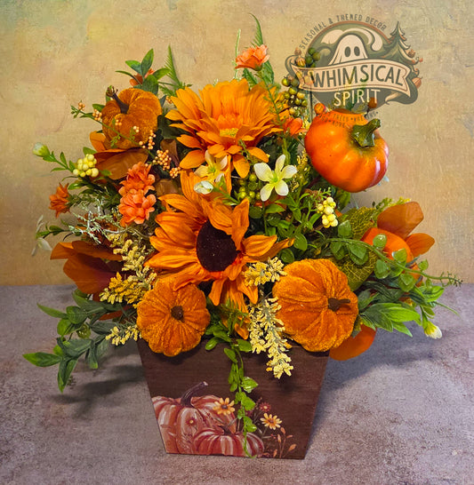 Golden Gourd Glow | Fall Pumpkin Centerpiece with Sunflowers & Autumn Florals