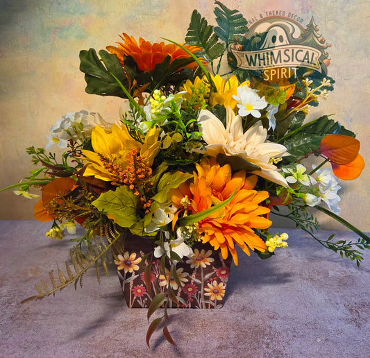 Golden Harvest Garden | Fall Floral Centerpiece with Sunflowers & Autumn Greenery