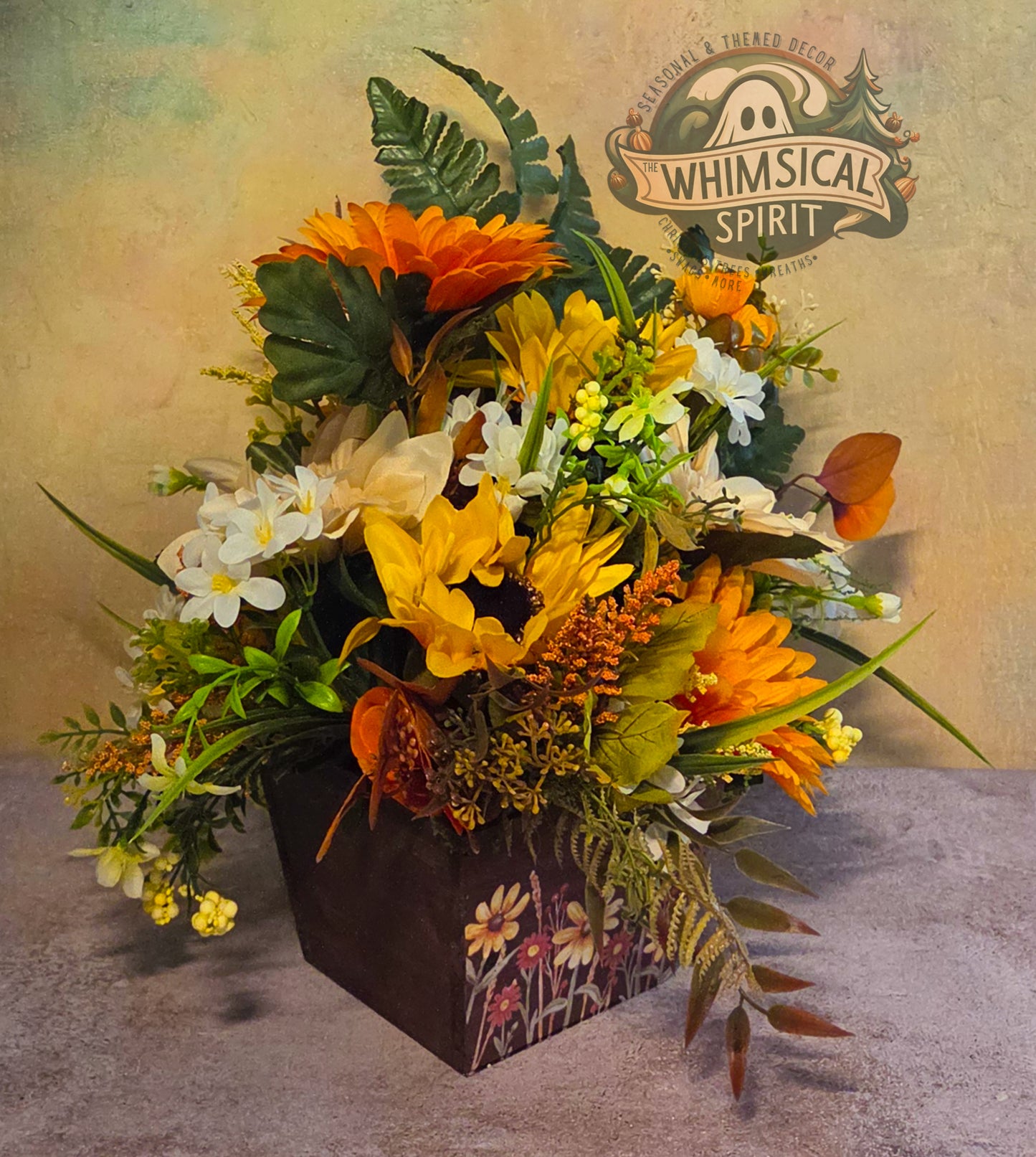 Golden Harvest Garden | Fall Floral Centerpiece with Sunflowers & Autumn Greenery