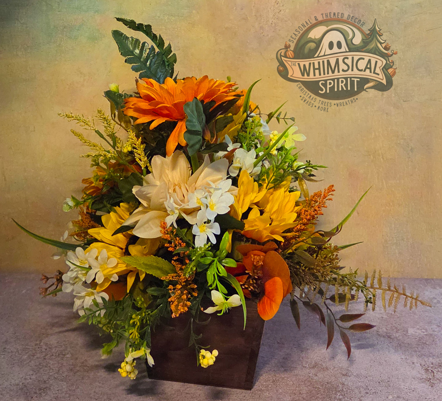 Golden Harvest Garden | Fall Floral Centerpiece with Sunflowers & Autumn Greenery