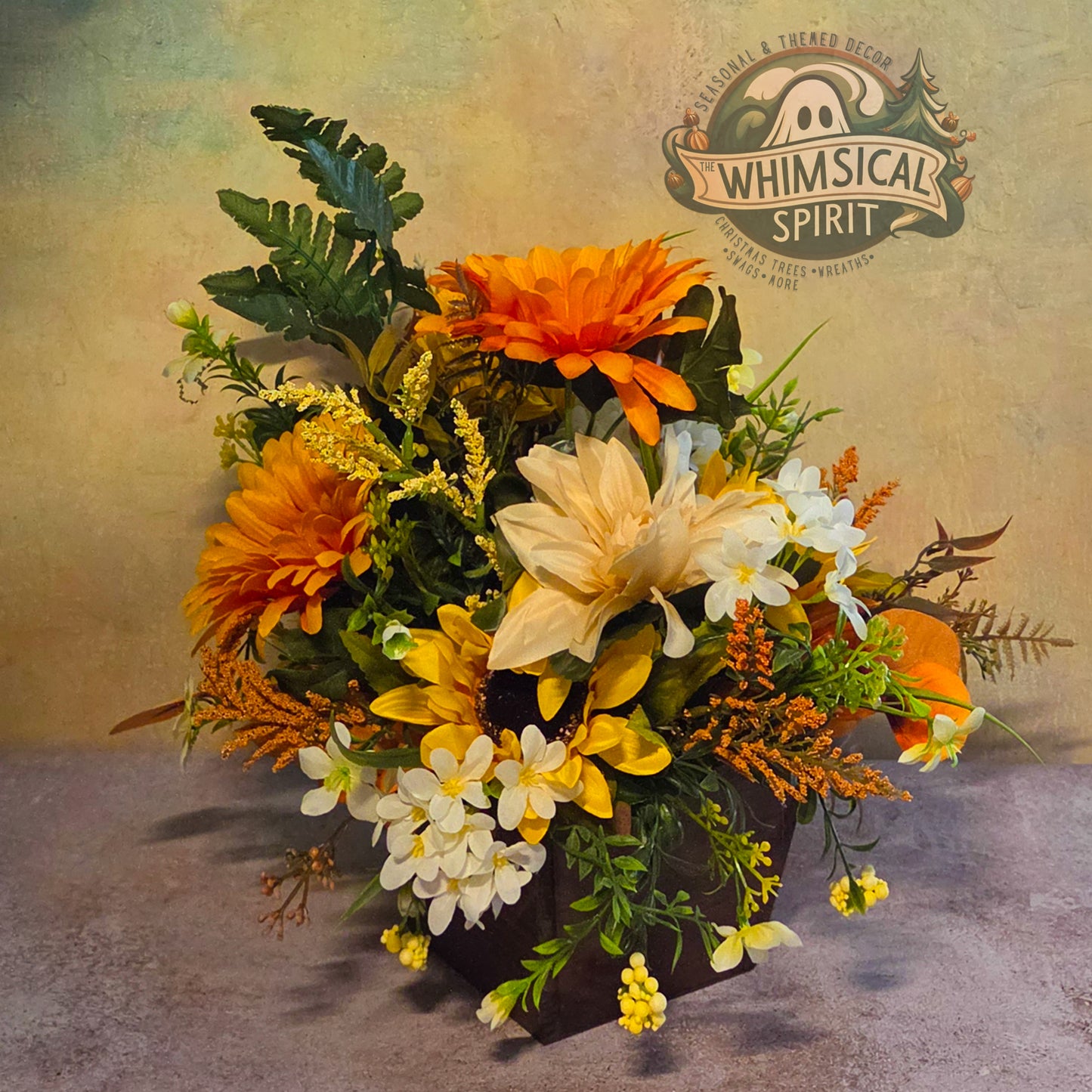 Golden Harvest Garden | Fall Floral Centerpiece with Sunflowers & Autumn Greenery
