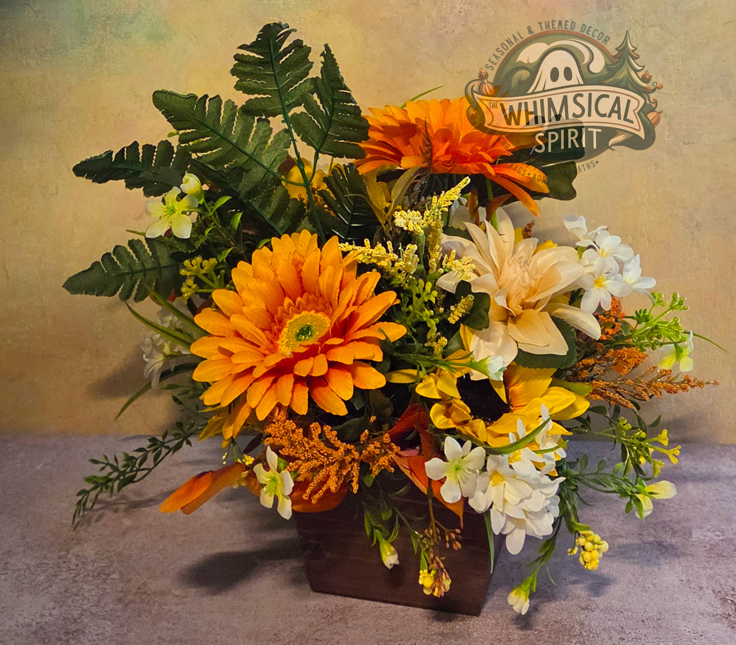 Golden Harvest Garden | Fall Floral Centerpiece with Sunflowers & Autumn Greenery