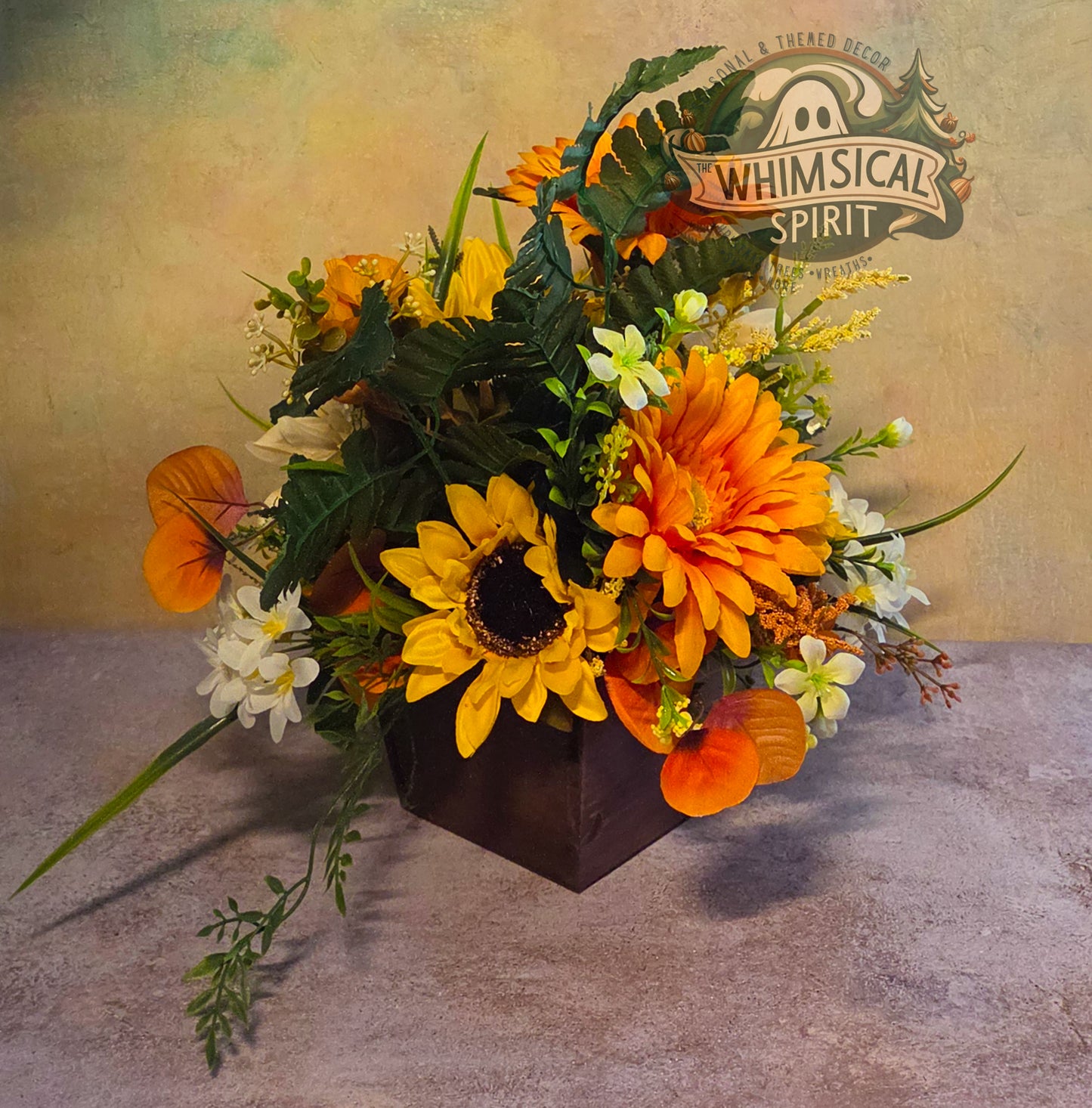 Golden Harvest Garden | Fall Floral Centerpiece with Sunflowers & Autumn Greenery