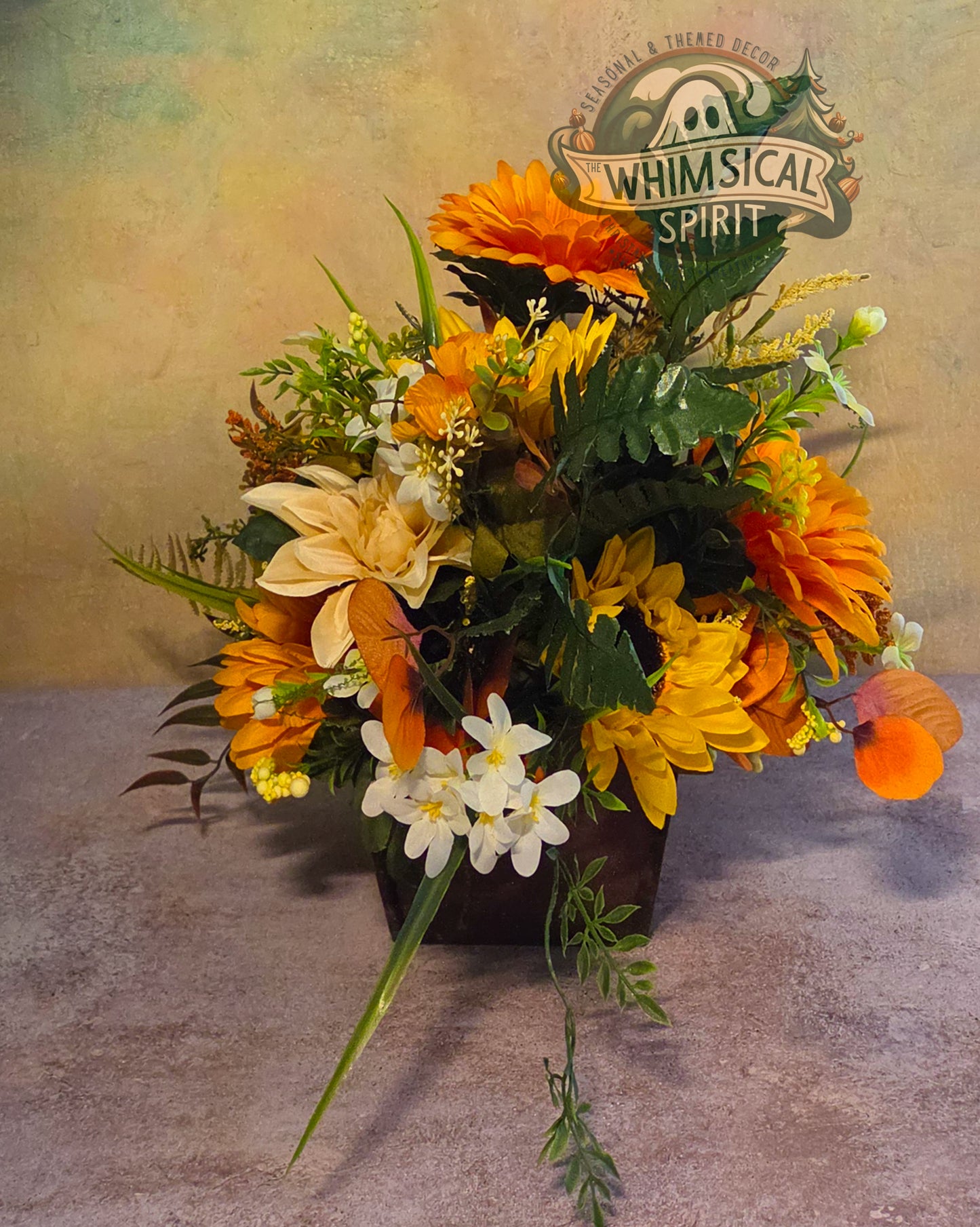 Golden Harvest Garden | Fall Floral Centerpiece with Sunflowers & Autumn Greenery