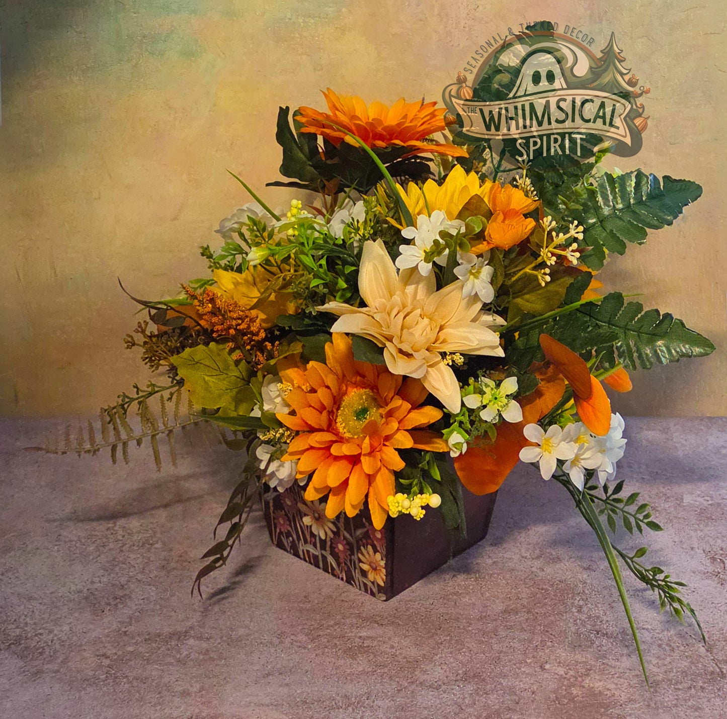 Golden Harvest Garden | Fall Floral Centerpiece with Sunflowers & Autumn Greenery