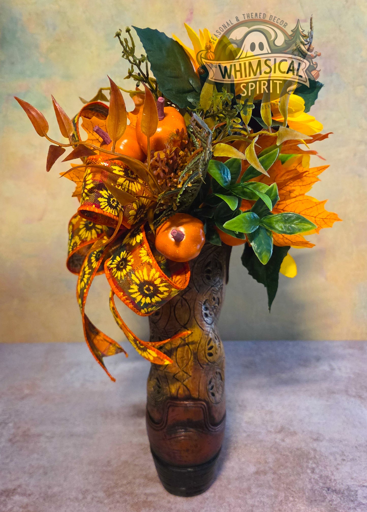 Harvest Boot Bloom | Fall Cowboy Boot Centerpiece with Sunflowers & Pumpkins