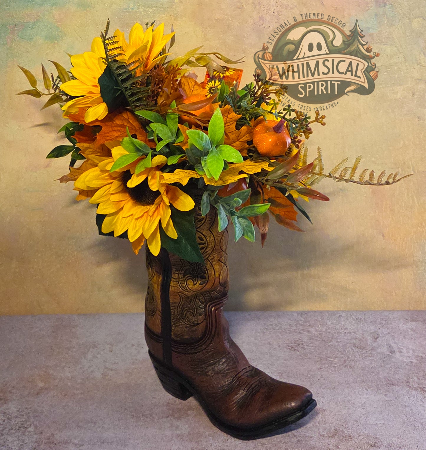 Harvest Boot Bloom | Fall Cowboy Boot Centerpiece with Sunflowers & Pumpkins