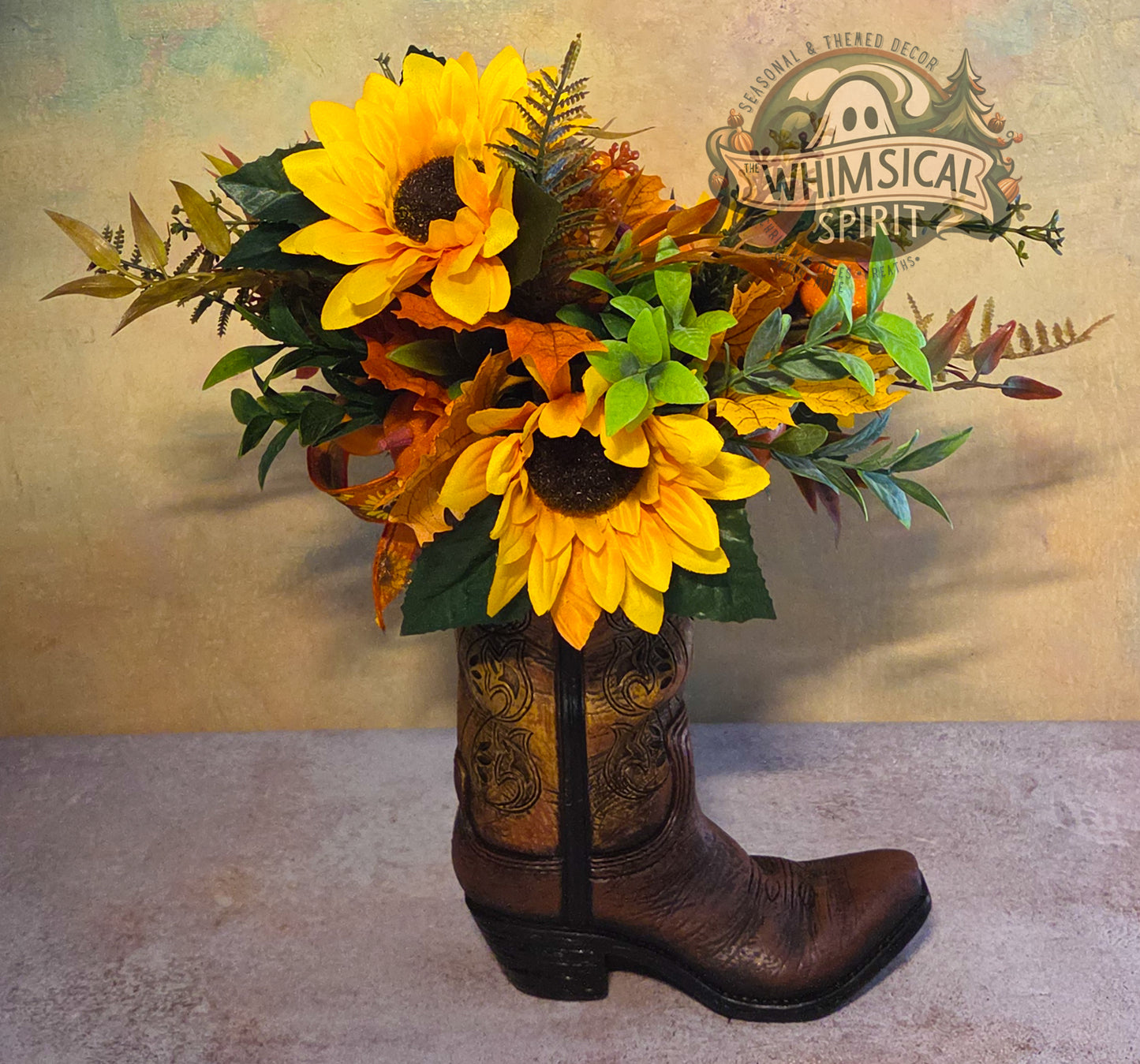Harvest Boot Bloom | Fall Cowboy Boot Centerpiece with Sunflowers & Pumpkins