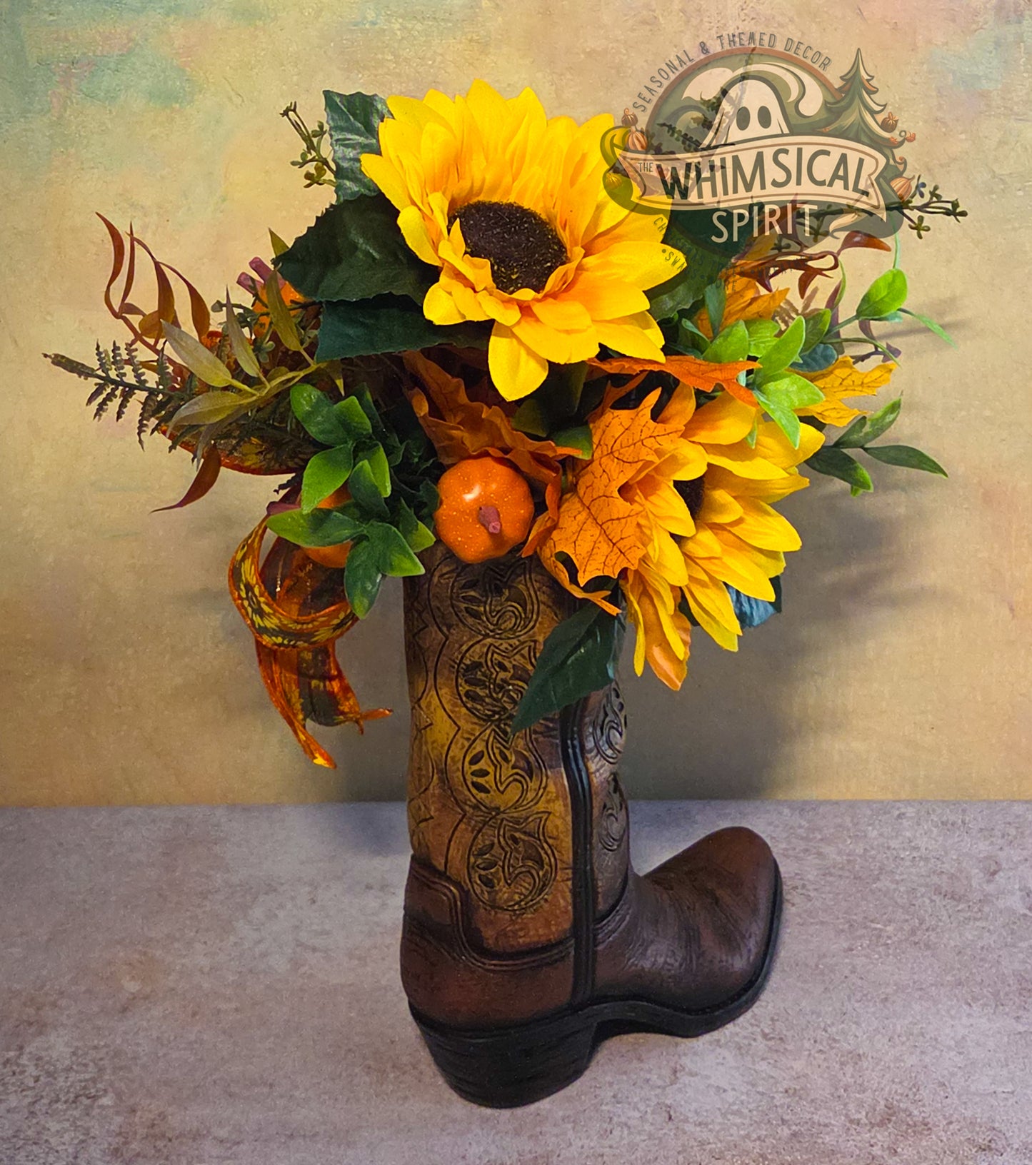 Harvest Boot Bloom | Fall Cowboy Boot Centerpiece with Sunflowers & Pumpkins