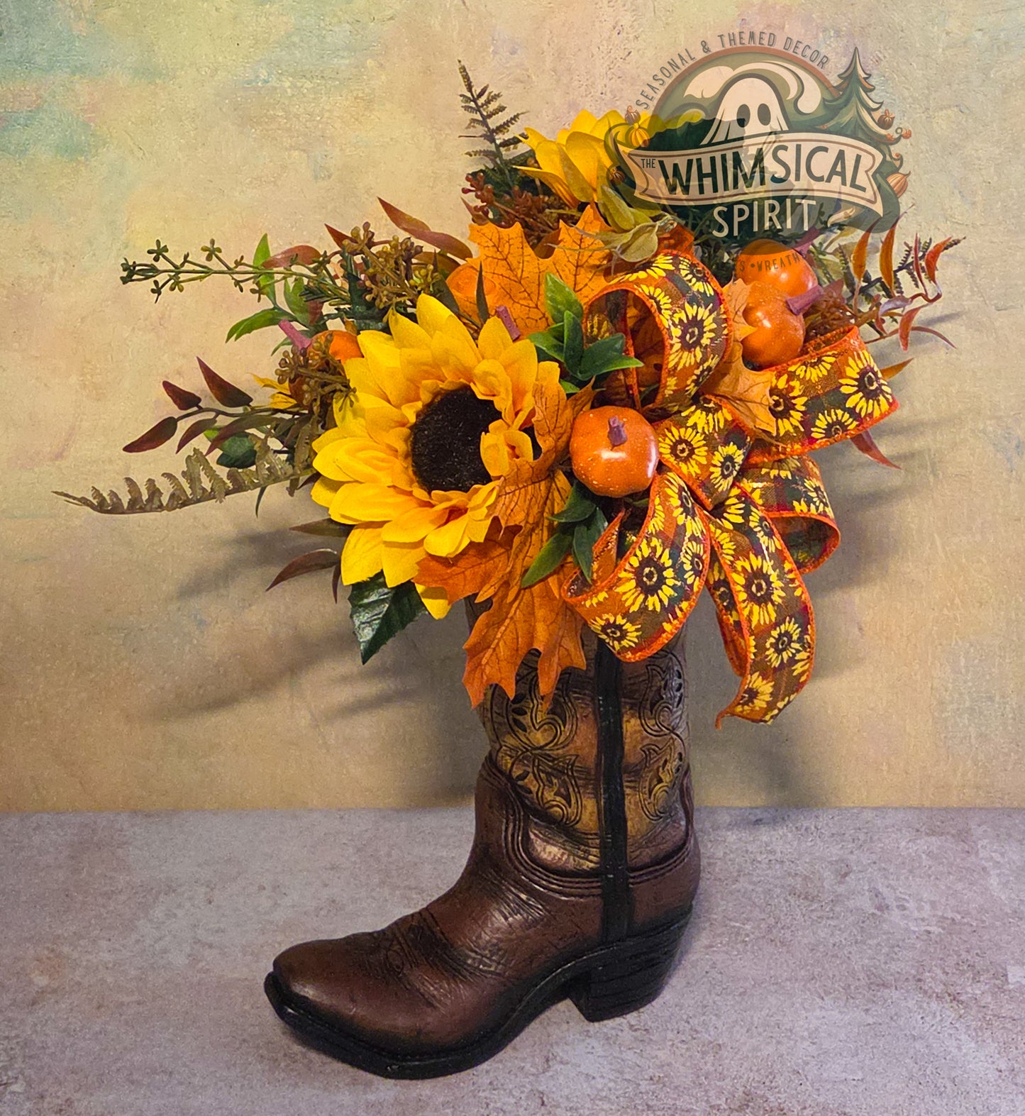 Harvest Boot Bloom | Fall Cowboy Boot Centerpiece with Sunflowers & Pumpkins