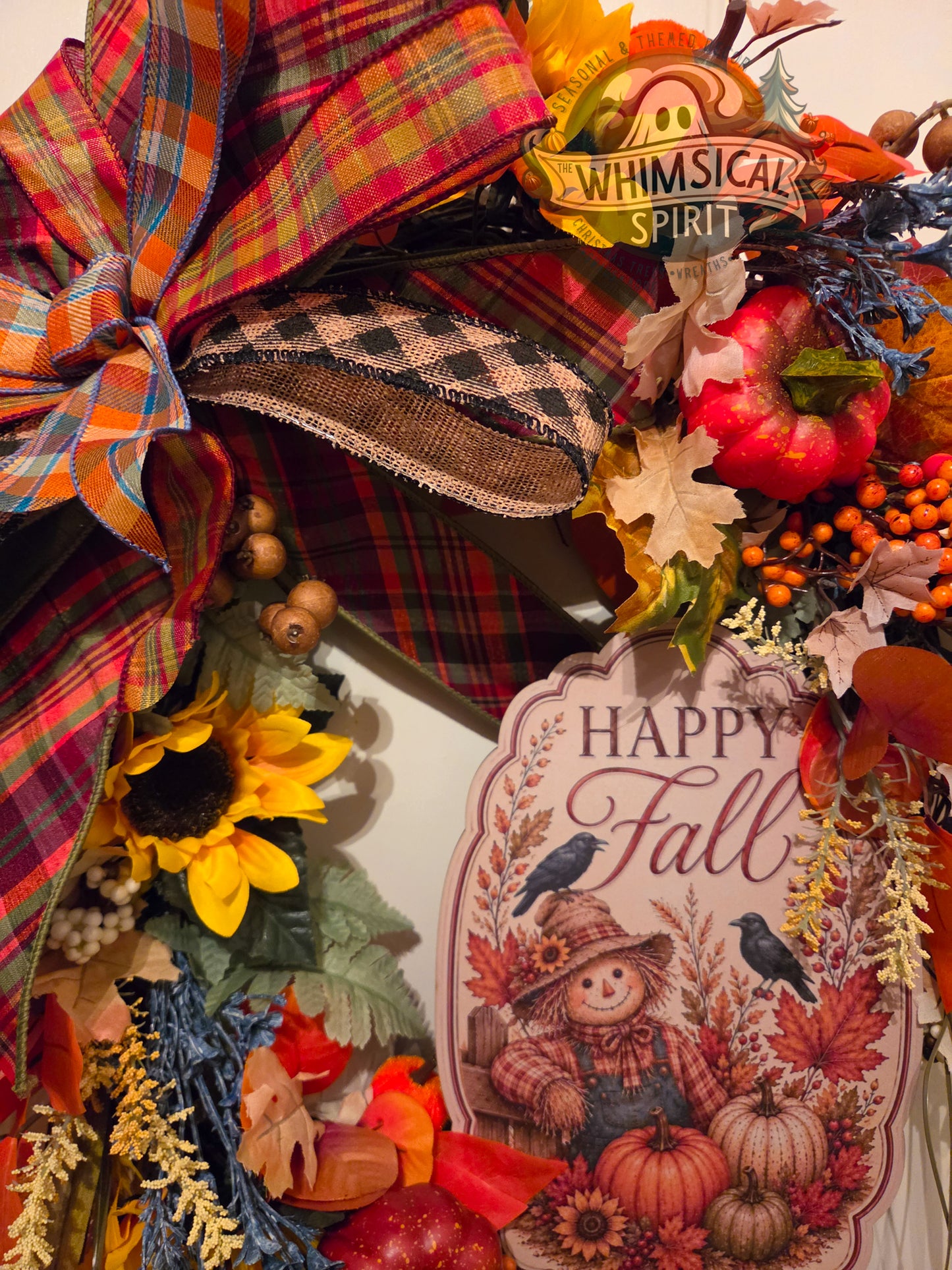 Harvest Plaid Welcome - Fall Scarecrow Autumn Pumpkin Grapevine Wreath