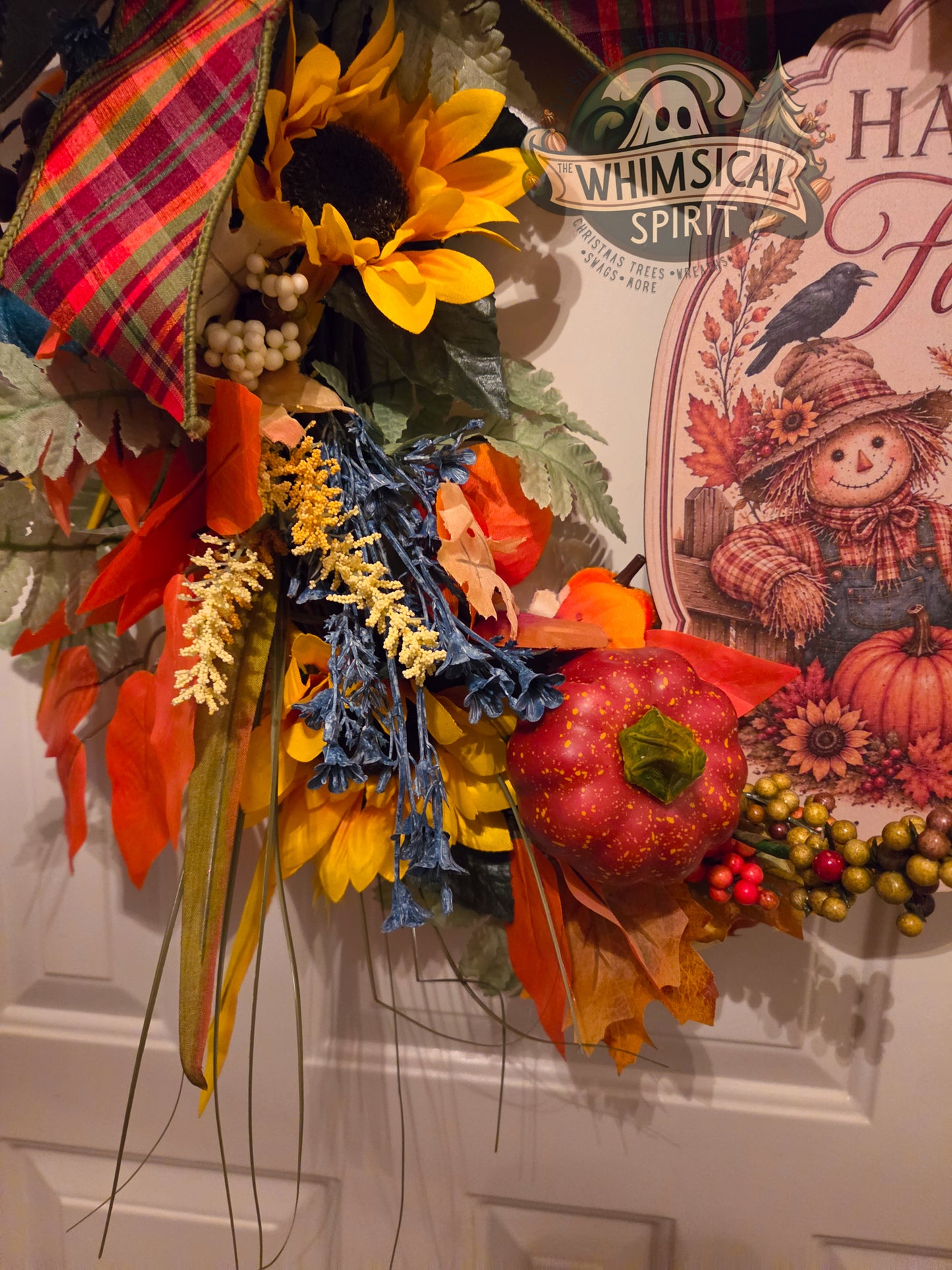 Harvest Plaid Welcome - Fall Scarecrow Autumn Pumpkin Grapevine Wreath