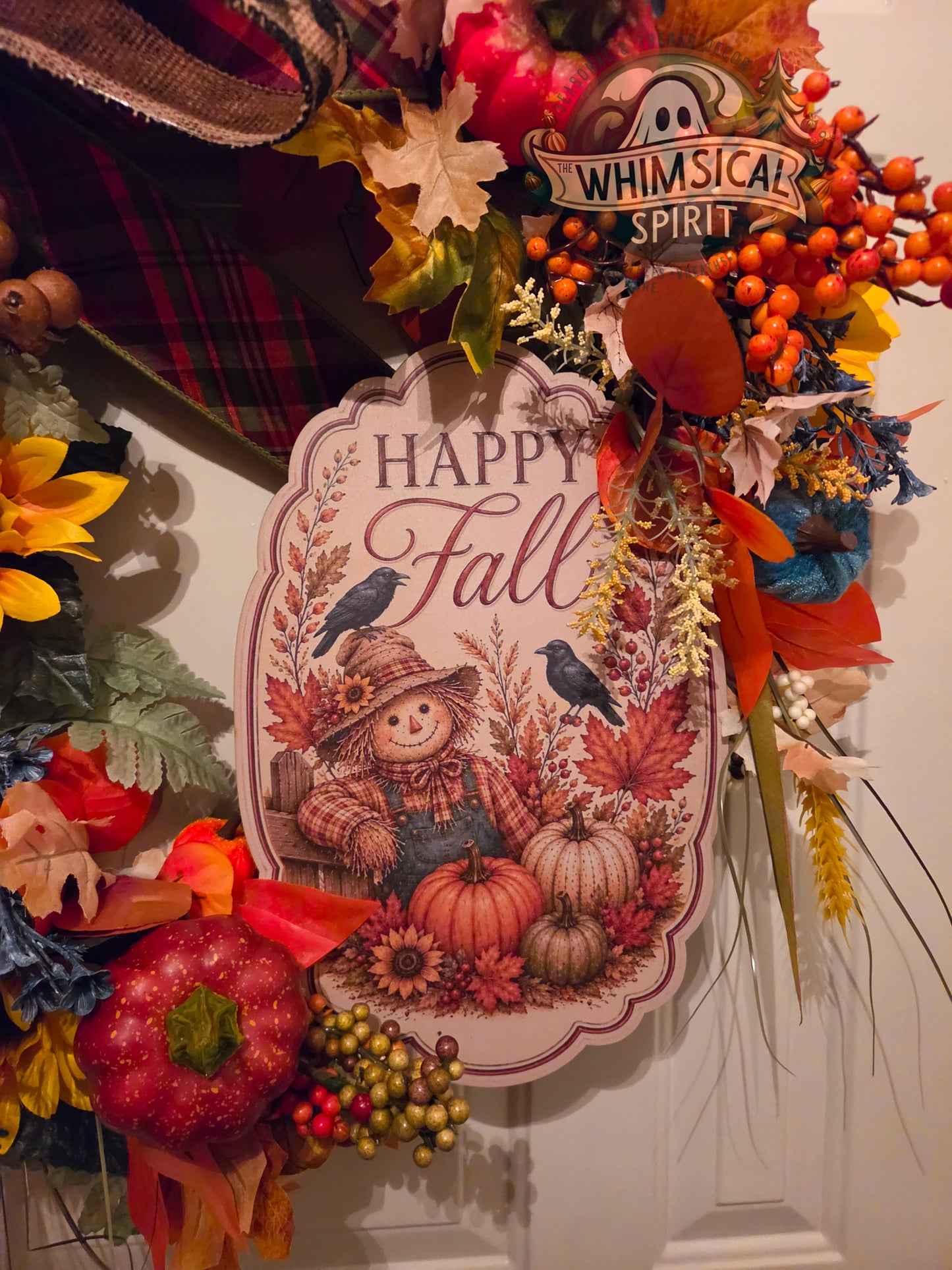 Harvest Plaid Welcome - Fall Scarecrow Autumn Pumpkin Grapevine Wreath