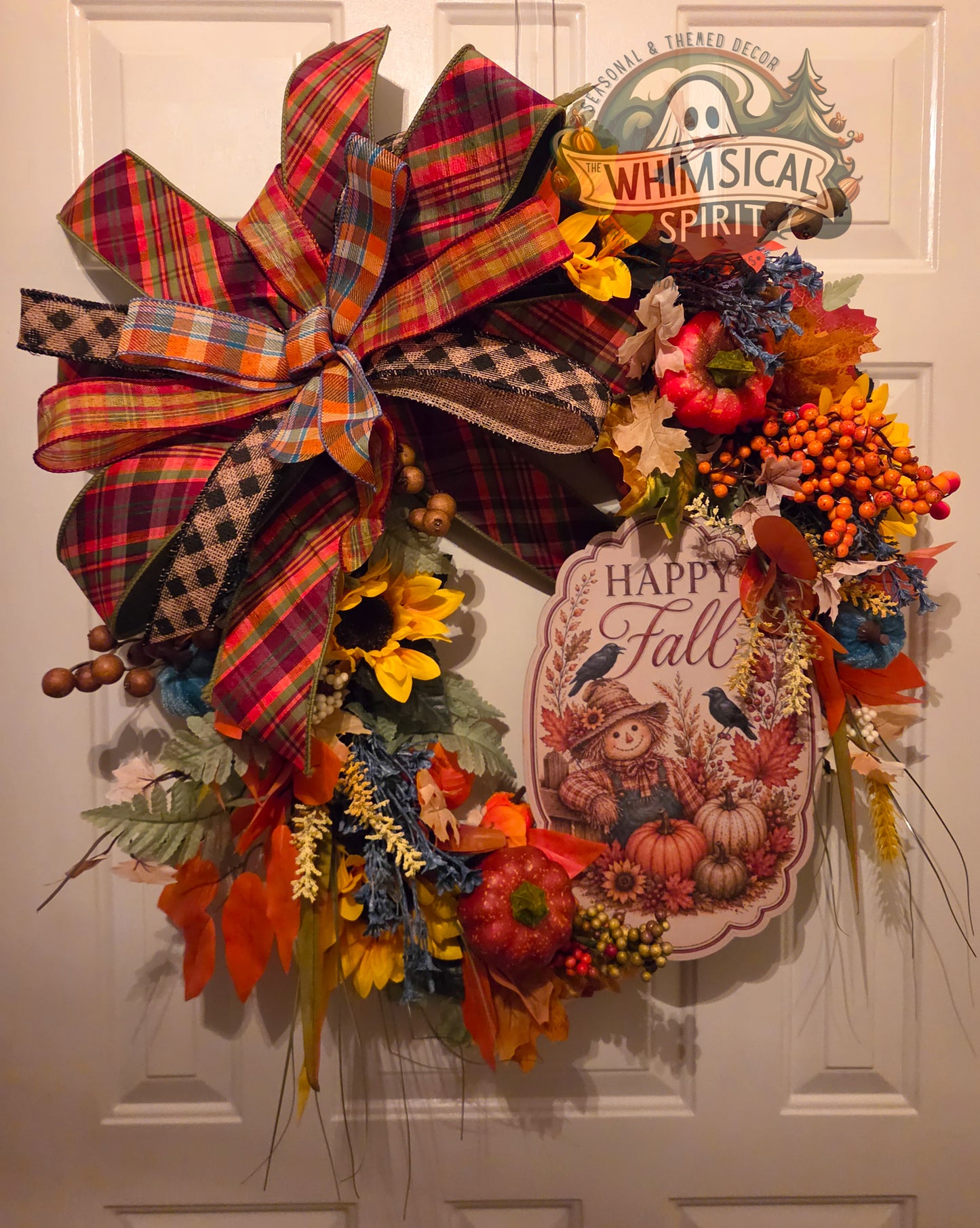 Harvest Plaid Welcome - Fall Scarecrow Autumn Pumpkin Grapevine Wreath