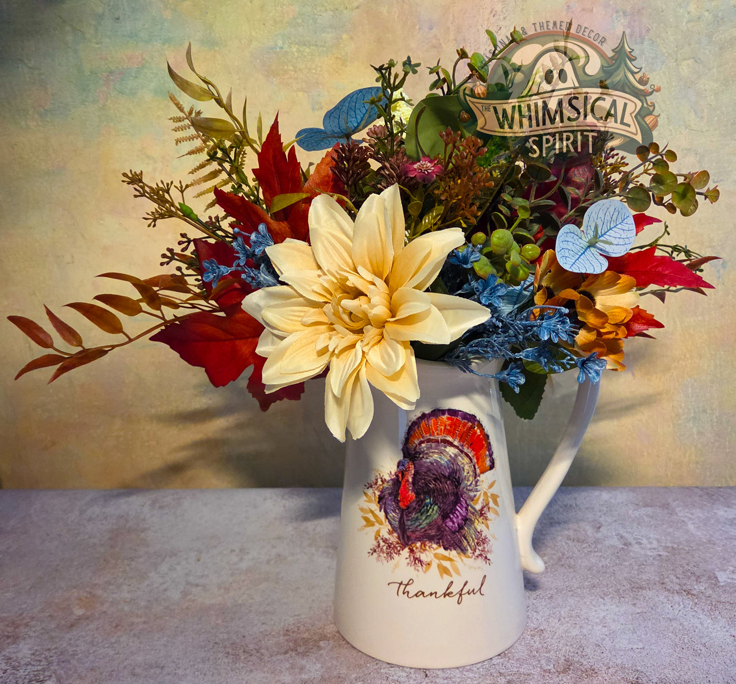 Harvest Hearth Blessing | Thanksgiving Pitcher Centerpiece with Autumn Florals