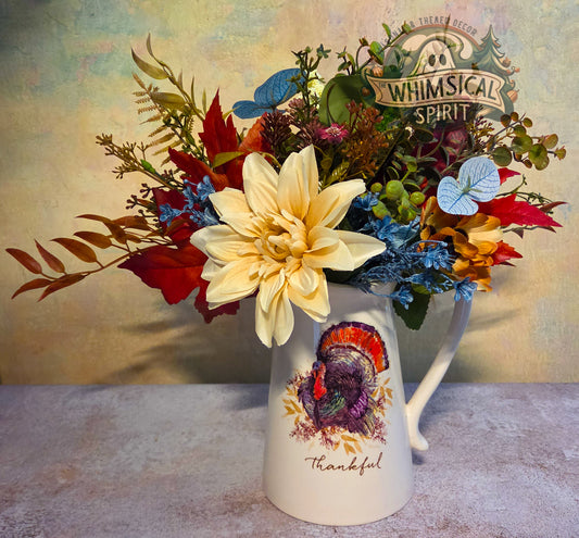 Harvest Hearth Blessing | Thanksgiving Pitcher Centerpiece with Autumn Florals