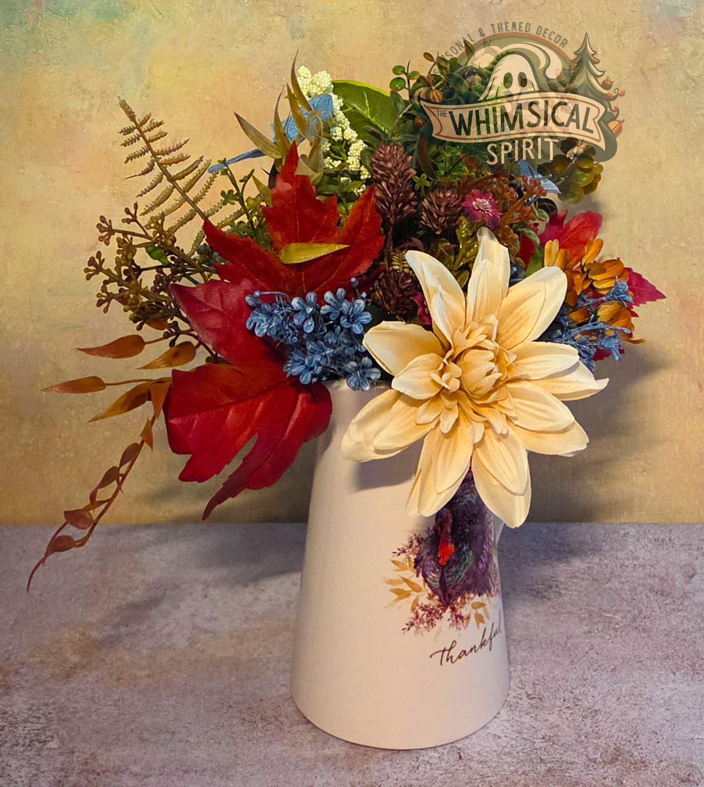 Harvest Hearth Blessing | Thanksgiving Pitcher Centerpiece with Autumn Florals