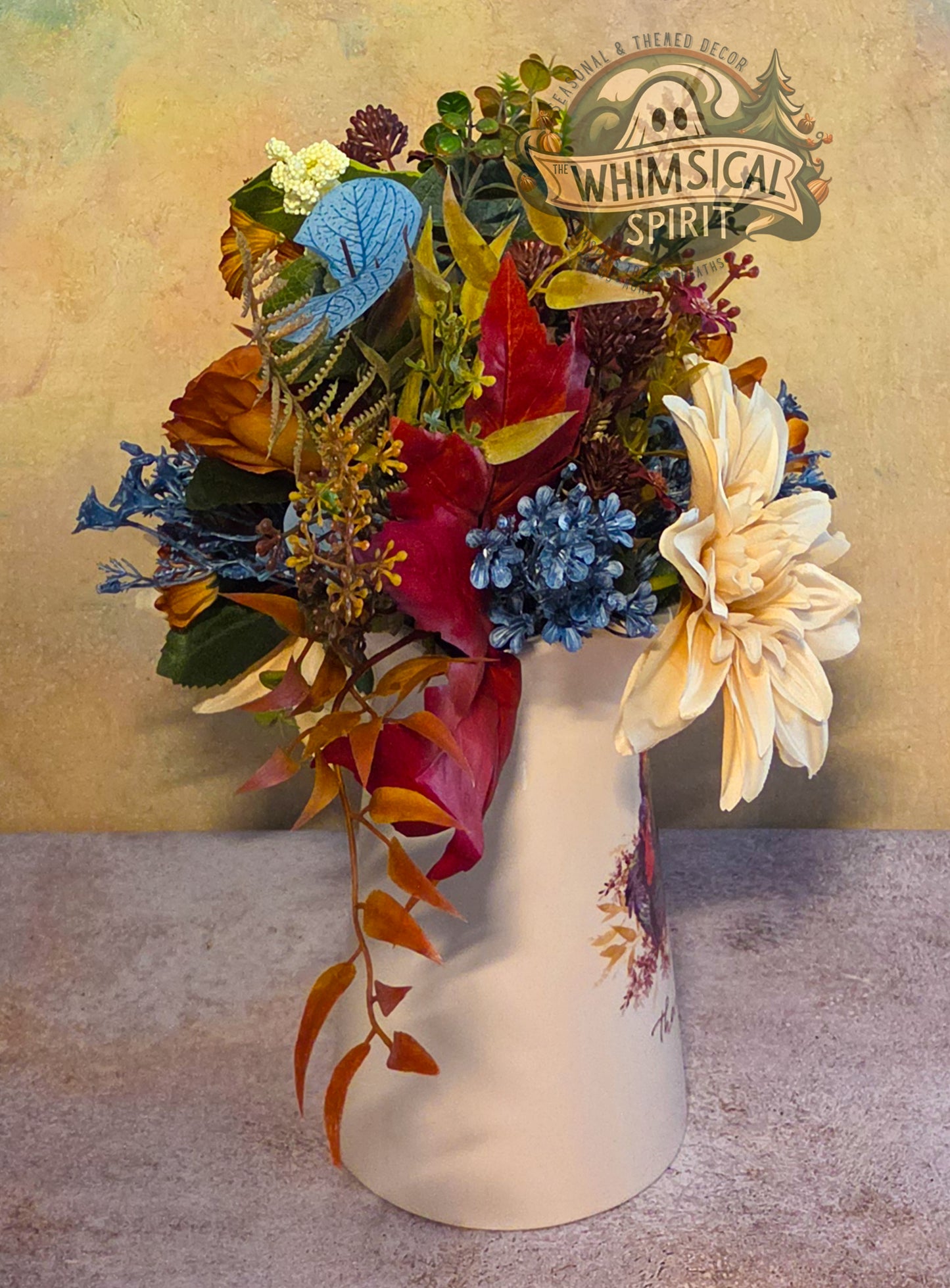 Harvest Hearth Blessing | Thanksgiving Pitcher Centerpiece with Autumn Florals
