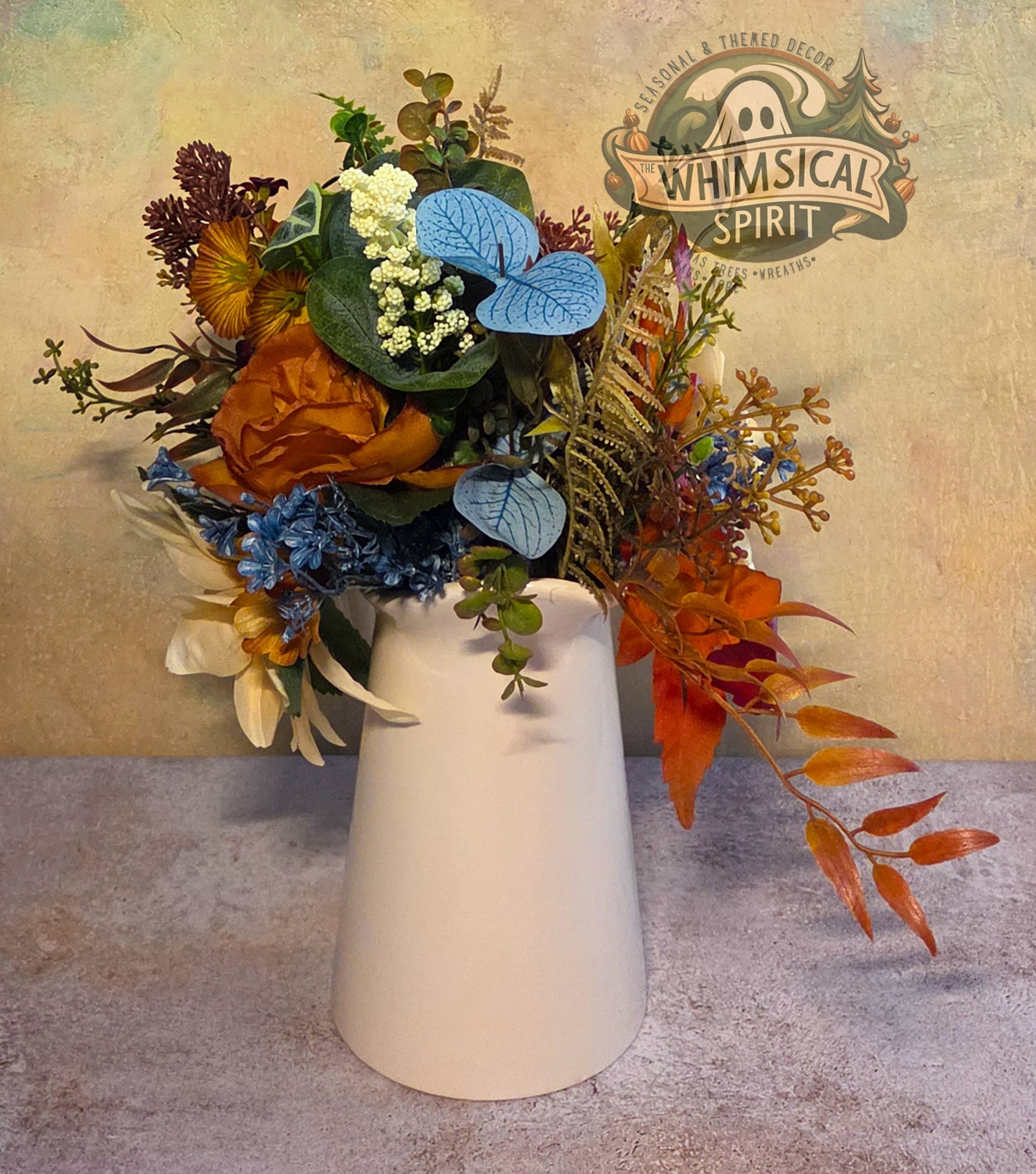 Harvest Hearth Blessing | Thanksgiving Pitcher Centerpiece with Autumn Florals