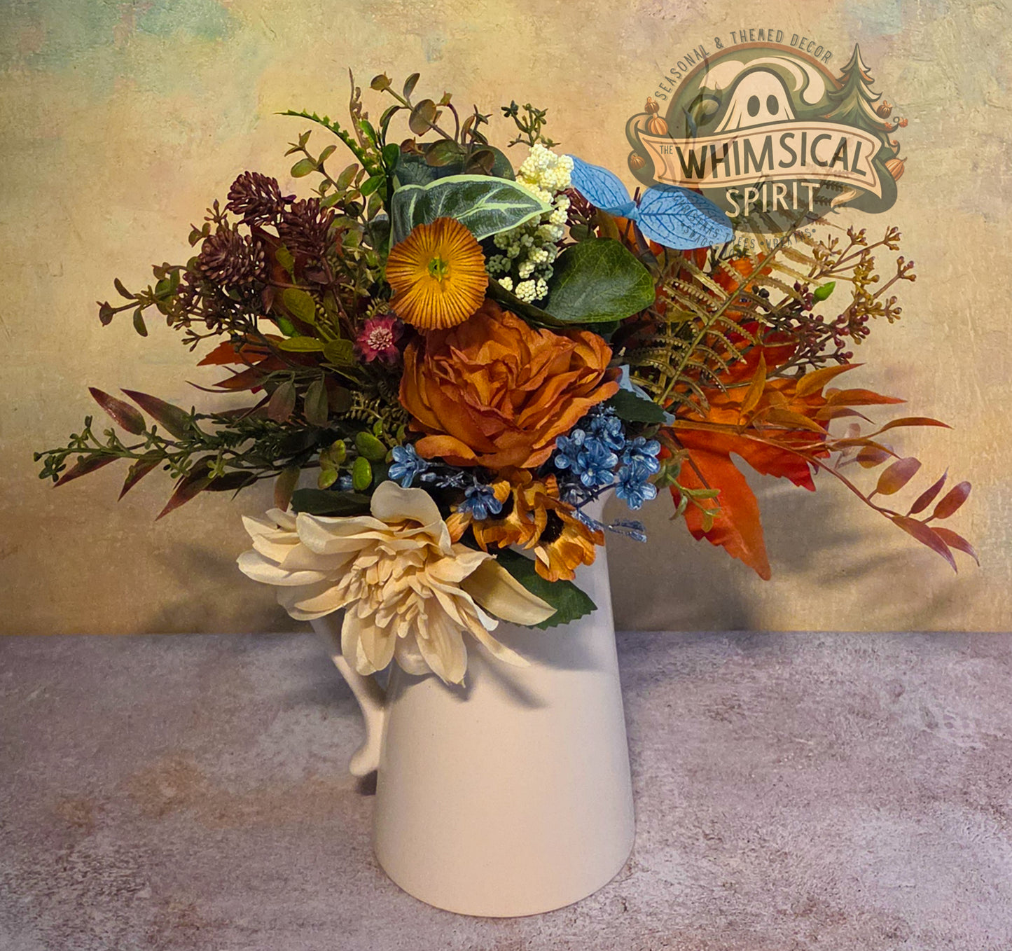 Harvest Hearth Blessing | Thanksgiving Pitcher Centerpiece with Autumn Florals