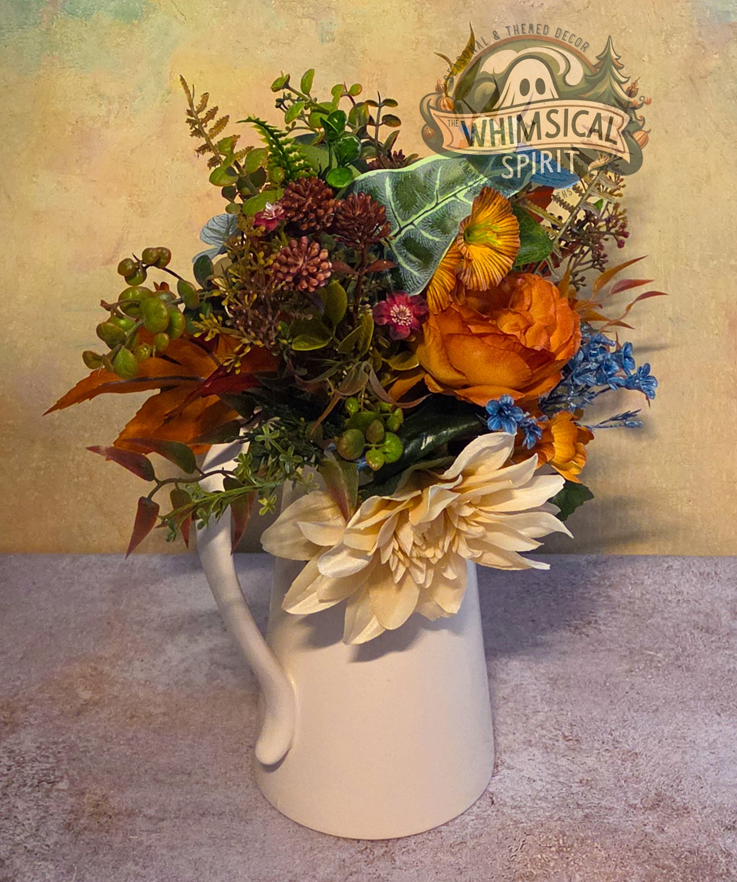 Harvest Hearth Blessing | Thanksgiving Pitcher Centerpiece with Autumn Florals