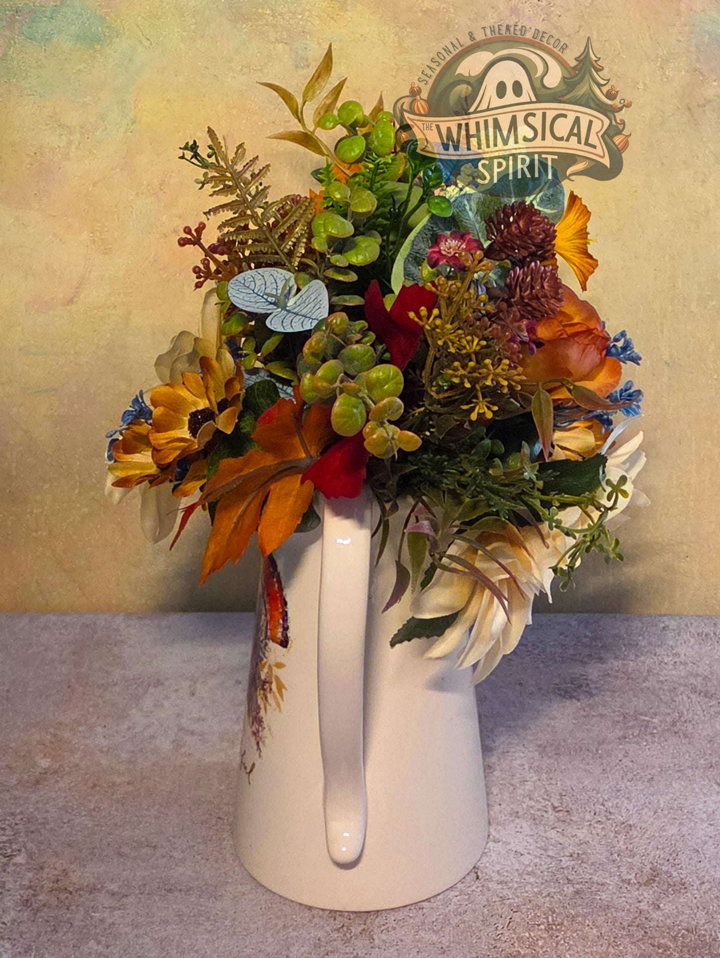 Harvest Hearth Blessing | Thanksgiving Pitcher Centerpiece with Autumn Florals