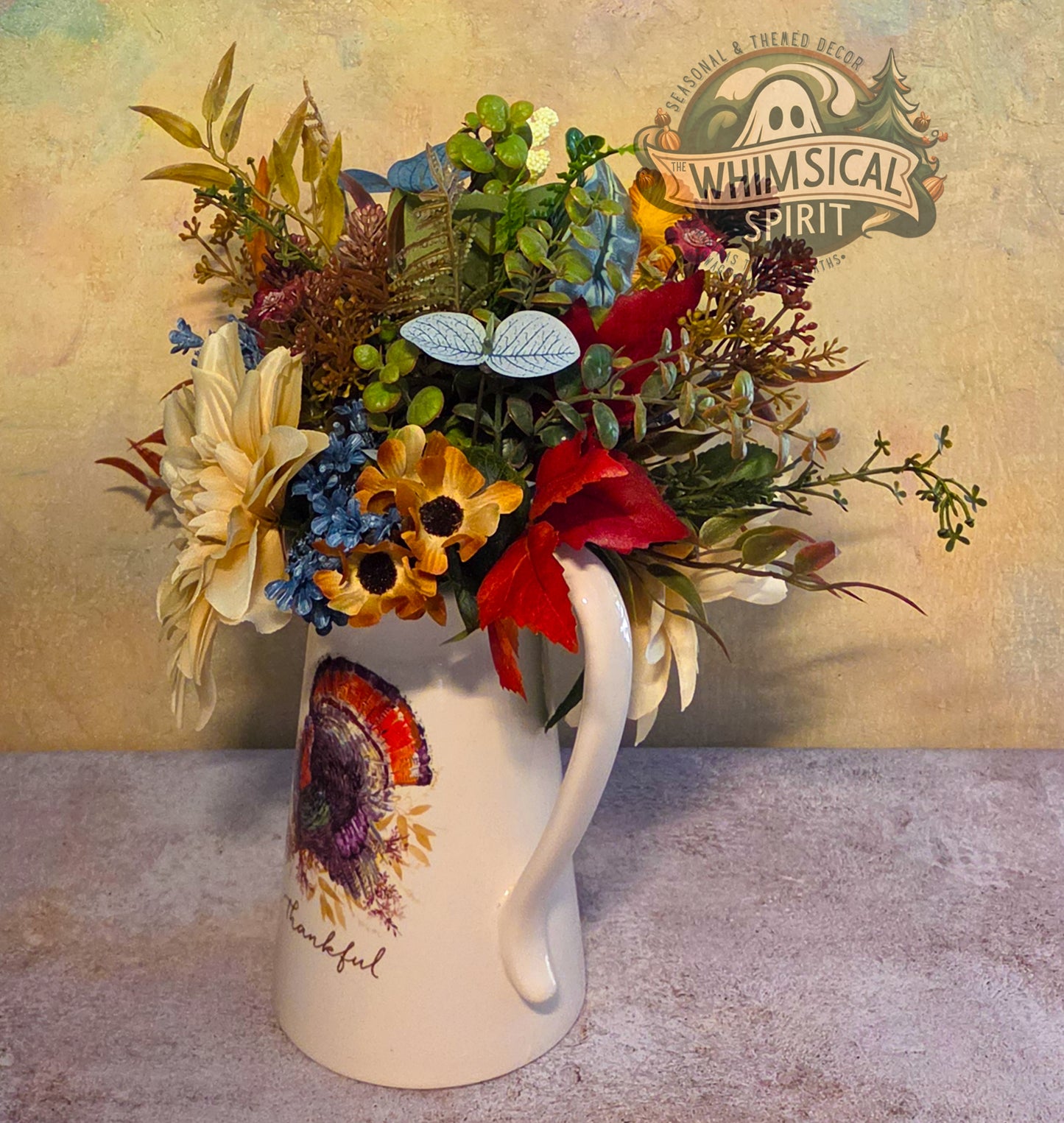 Harvest Hearth Blessing | Thanksgiving Pitcher Centerpiece with Autumn Florals