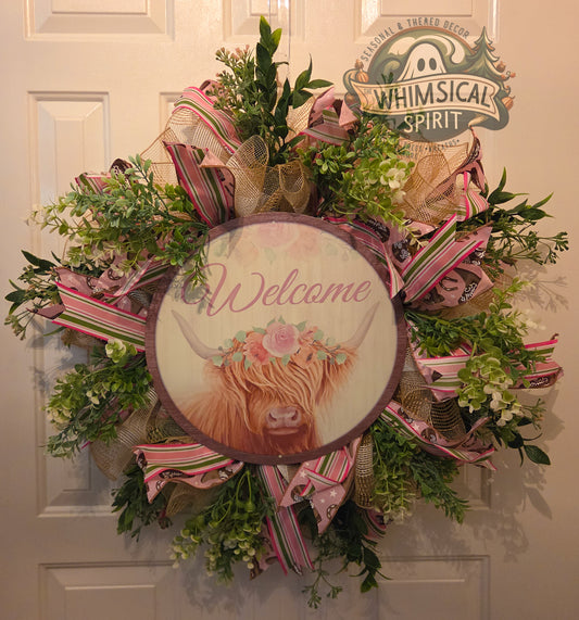 Highland Garden Greeting - Everyday Welcome Highland Cow Floral Wreath
