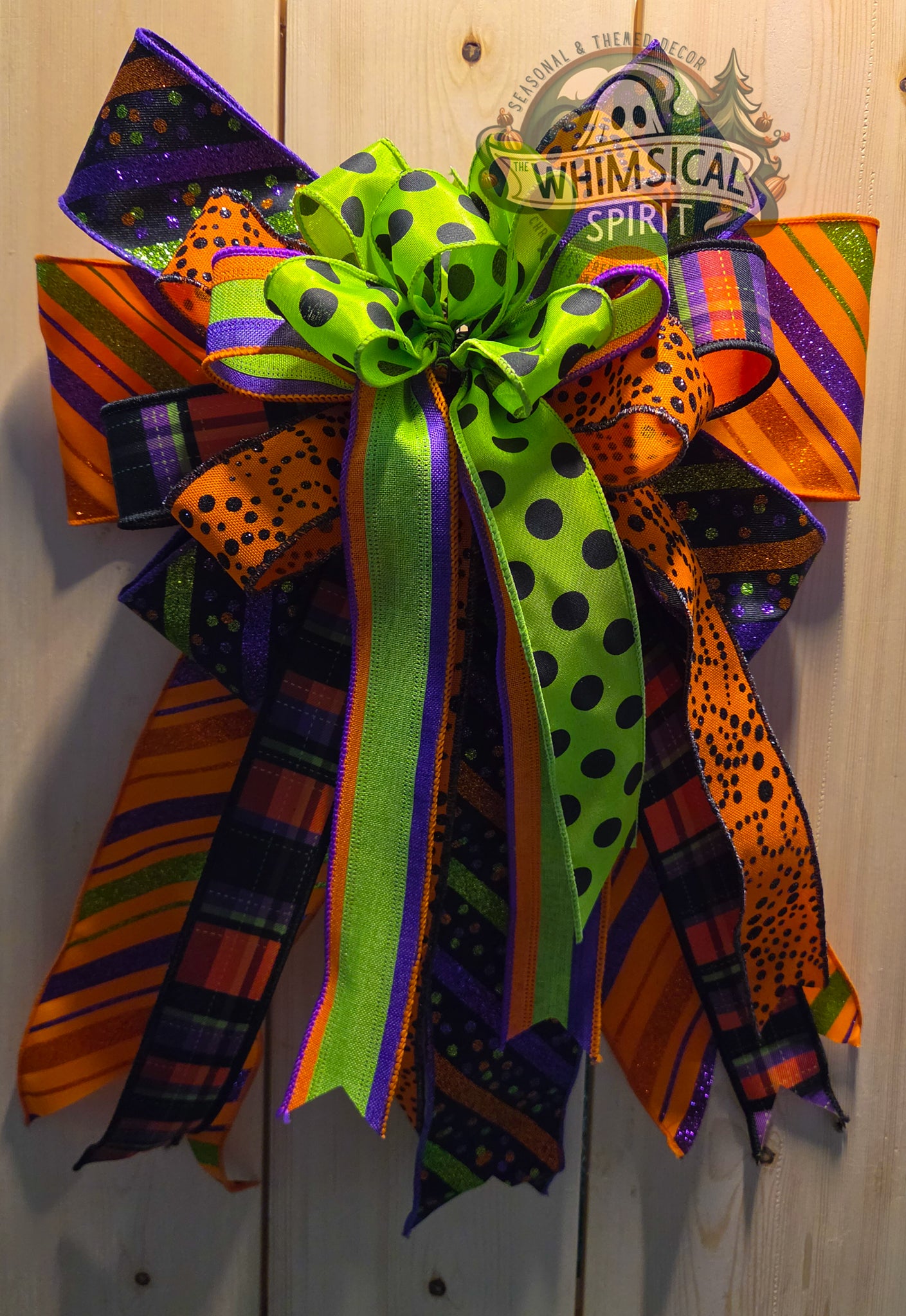 Large Halloween Bow, Halloween Wreath Bow, Halloween Mailbox Bow, Spooky Halloween Bow, Orange Purple Green Halloween Bow