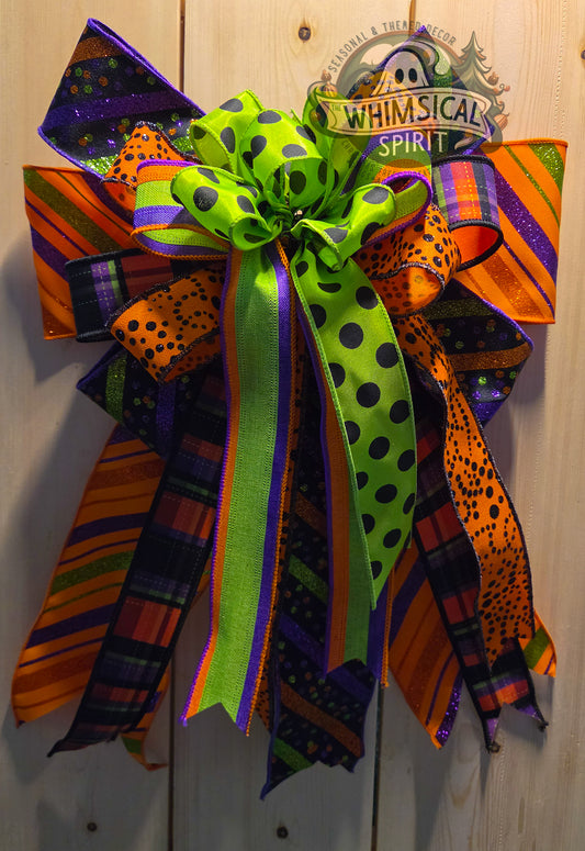 Large Halloween Bow, Halloween Wreath Bow, Halloween Mailbox Bow, Spooky Halloween Bow, Orange Purple Green Halloween Bow