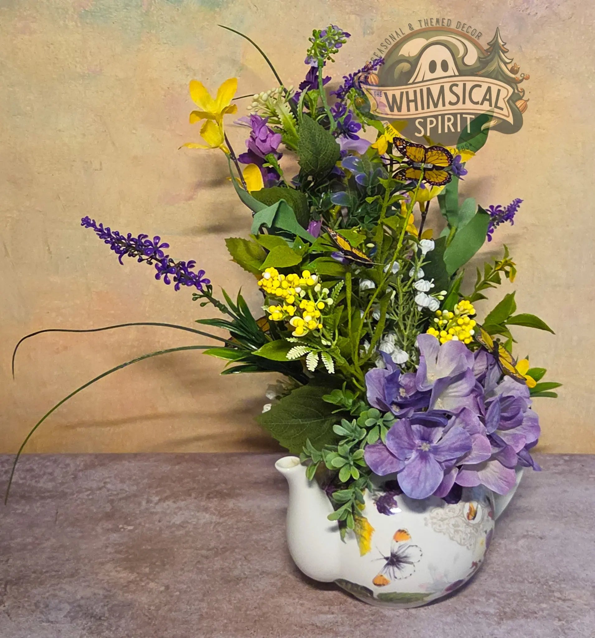 Lavender Whisper Tea Gathering - Butterfly Teapot Vintage Tabletop Centerpiece The Whimsical Spirit